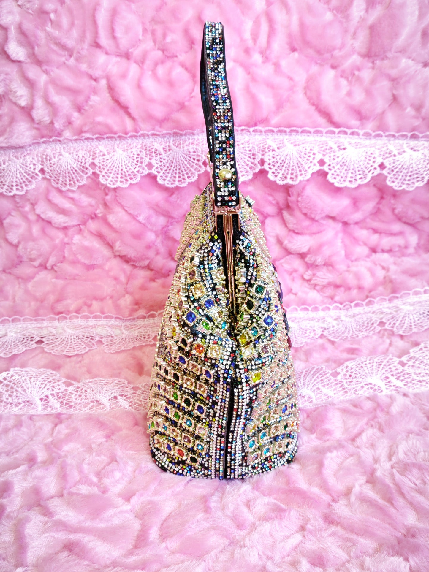 Multi-Colored Crystal-Embellished Owl-Pattern Evening Handbag