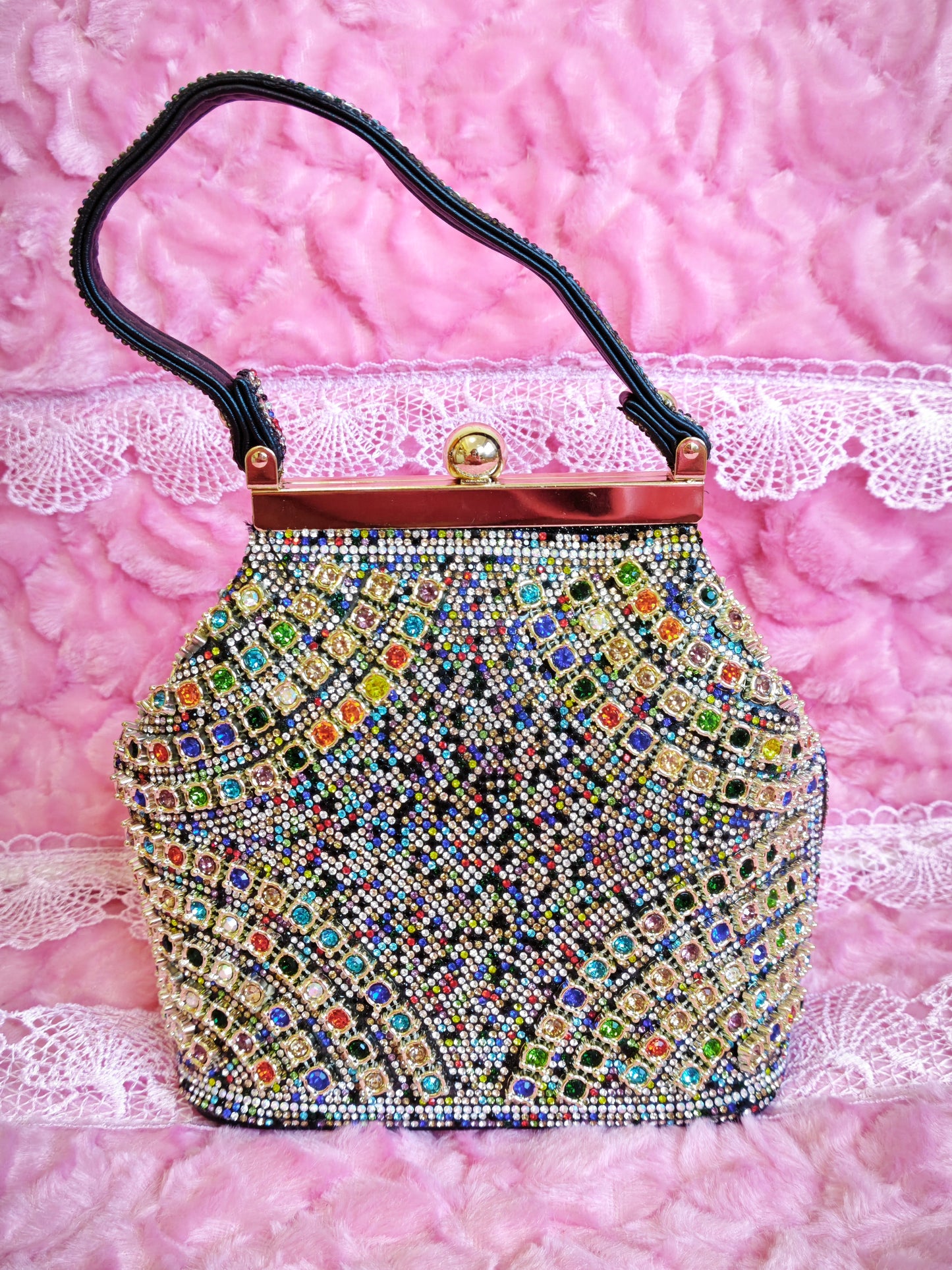 Multi-Colored Crystal-Embellished Owl-Pattern Evening Handbag