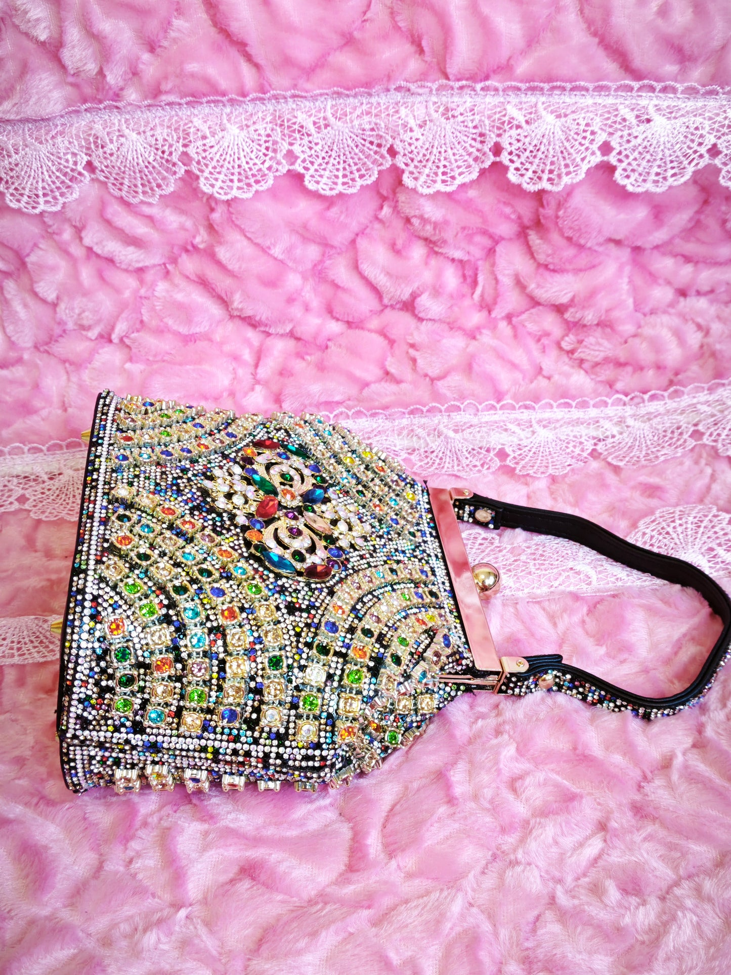 Multi-Colored Crystal-Embellished Owl-Pattern Evening Handbag