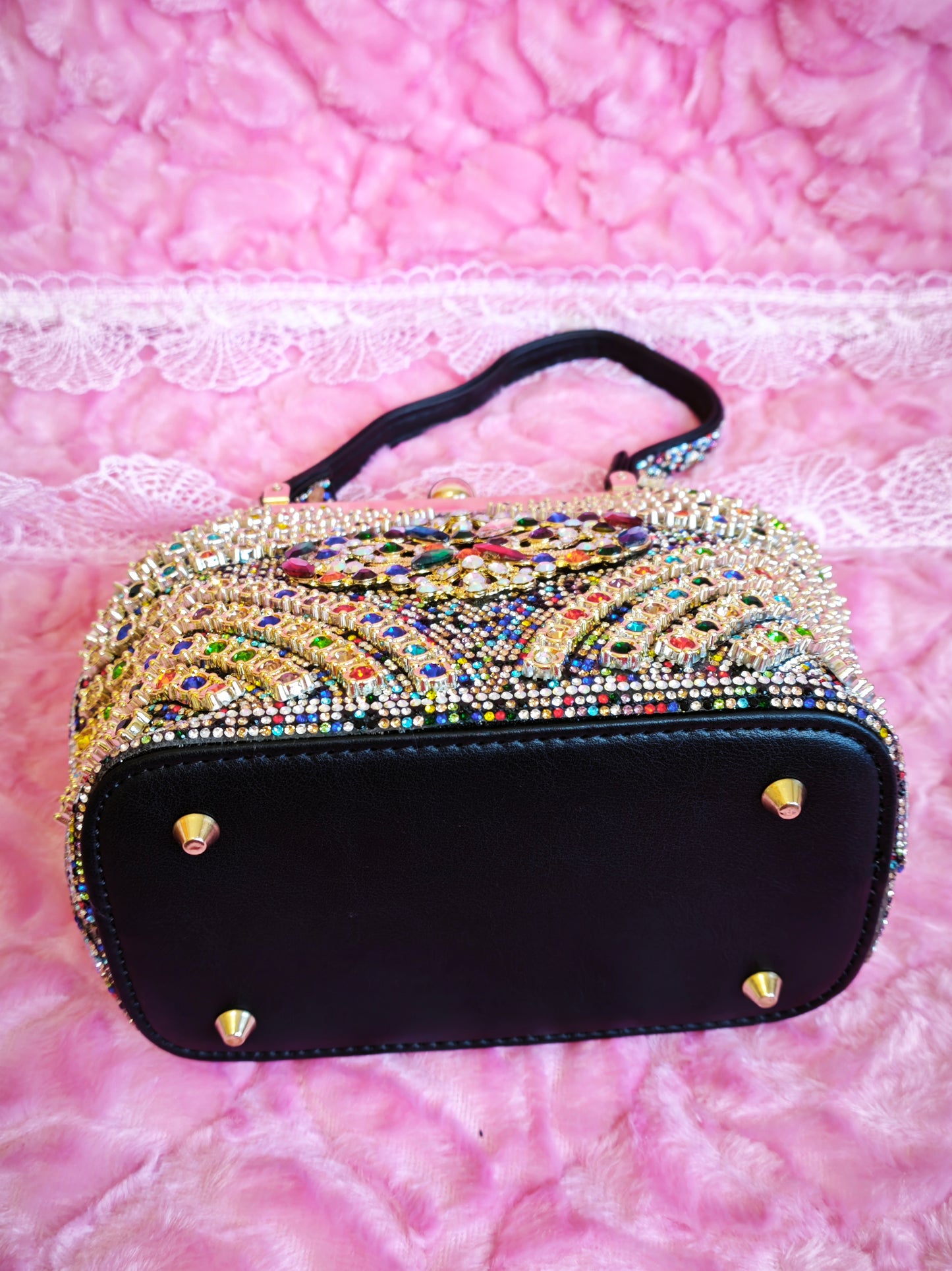 Multi-Colored Crystal-Embellished Owl-Pattern Evening Handbag
