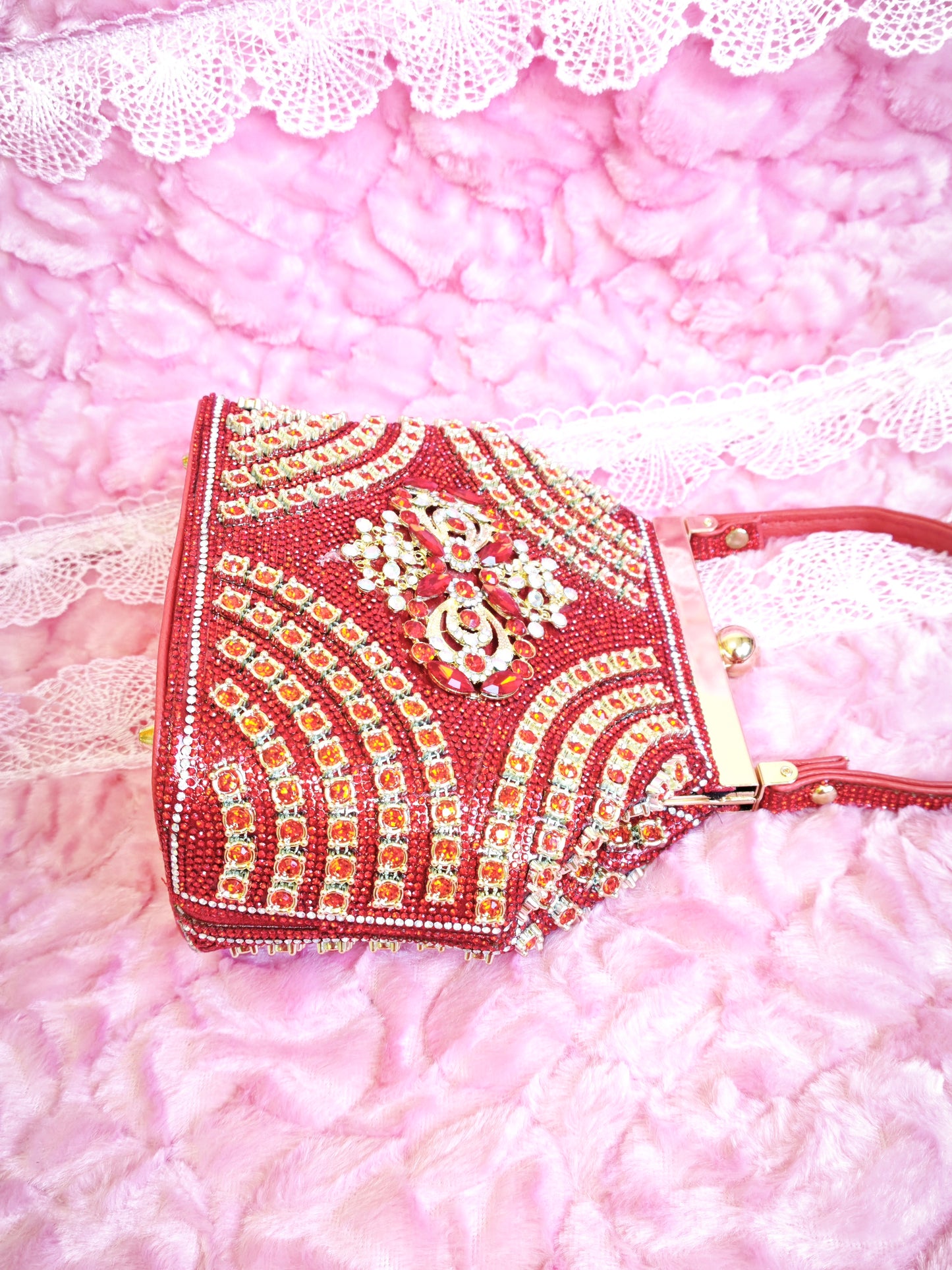 Red Crystal-Patterned Evening Handbag