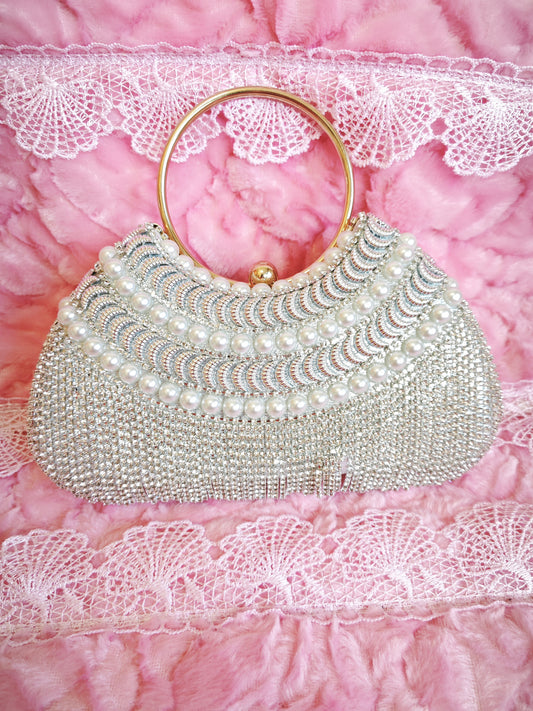 Silver Crystal & Pearl-Embellished Evening Handbag with Metal Handle