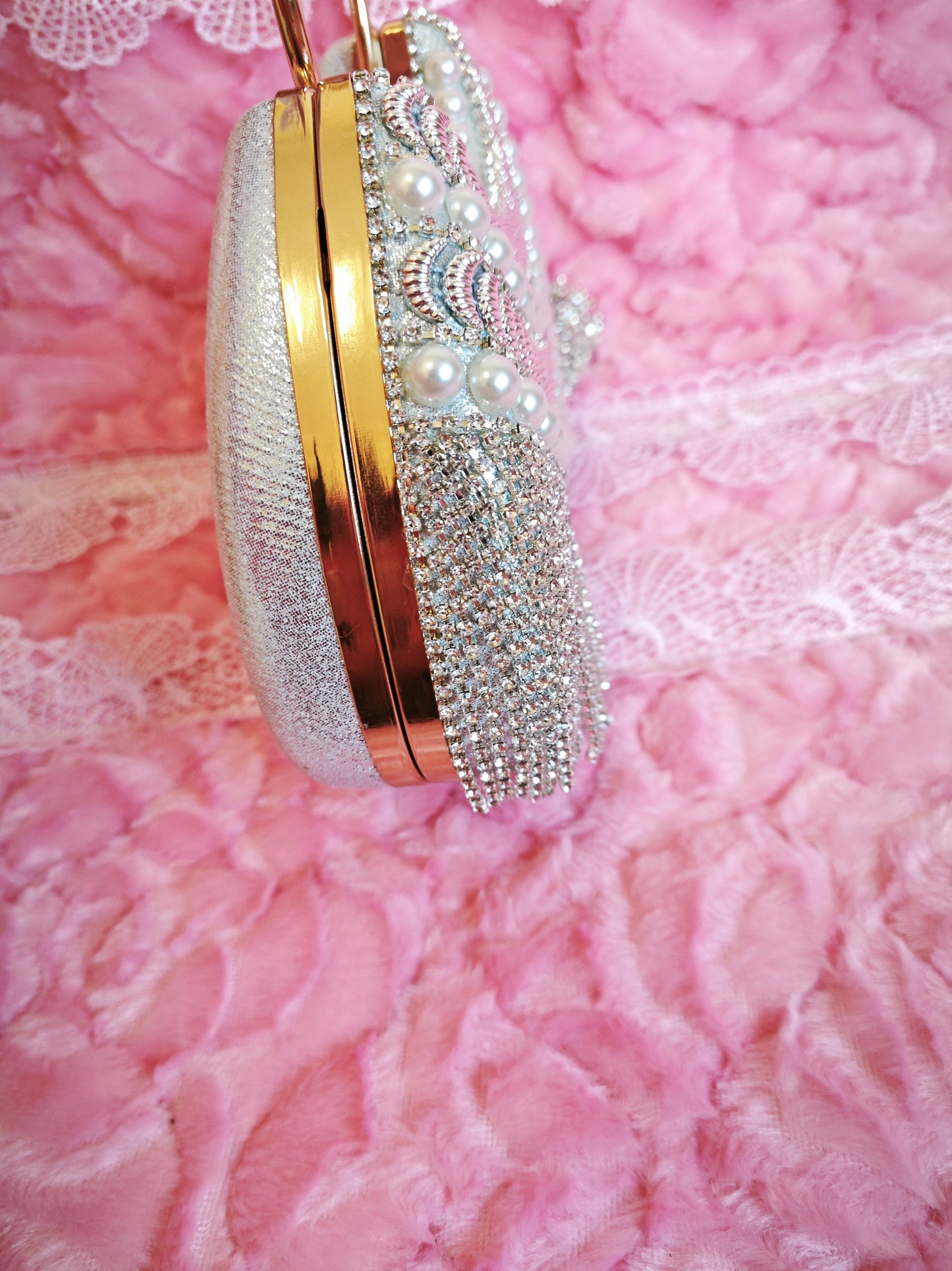 Silver Crystal & Pearl-Embellished Evening Handbag with Metal Handle