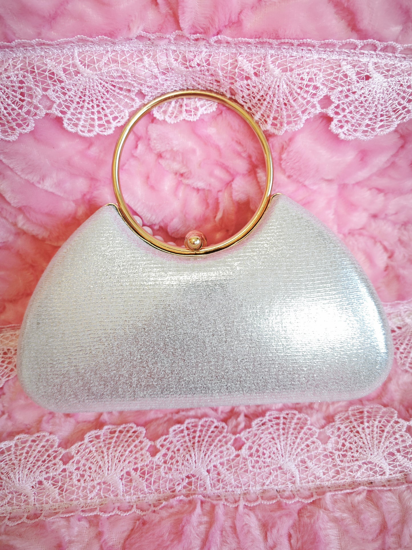 Silver Crystal & Pearl-Embellished Evening Handbag with Metal Handle