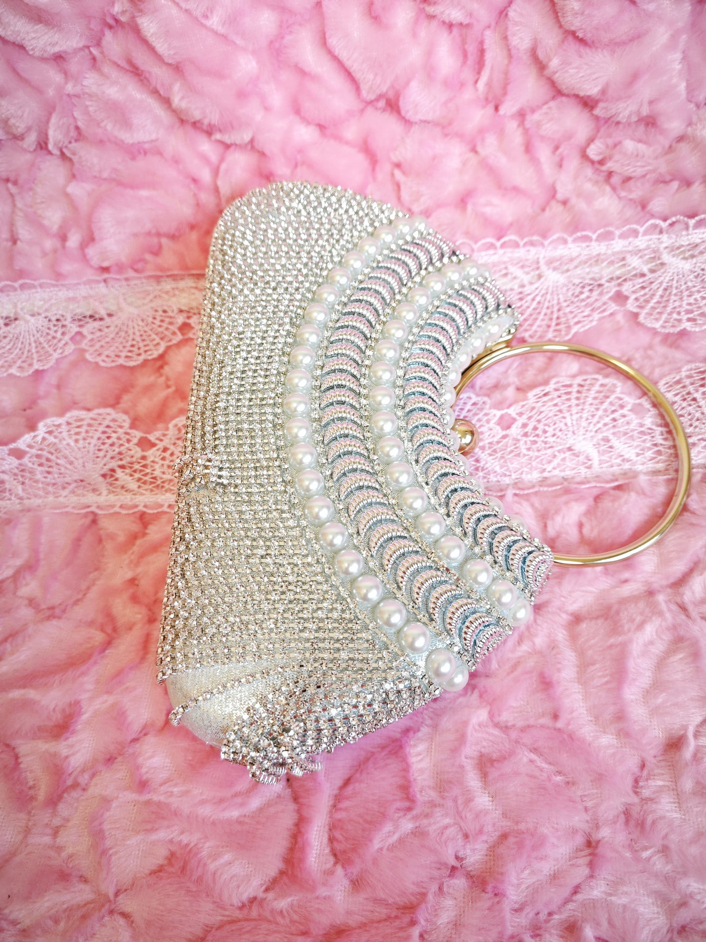 Silver Crystal & Pearl-Embellished Evening Handbag with Metal Handle