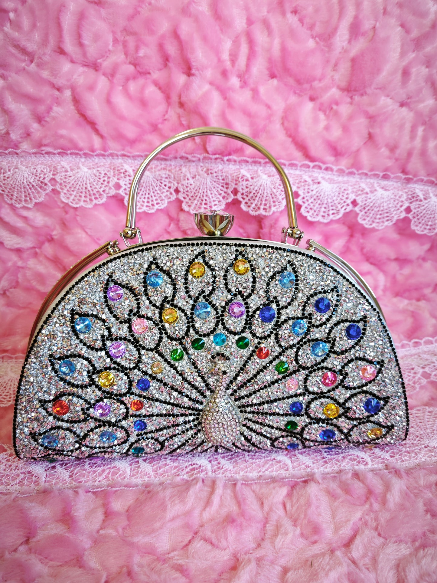 Multi-Colored Crystal Peacock-Pattern Evening Handbag