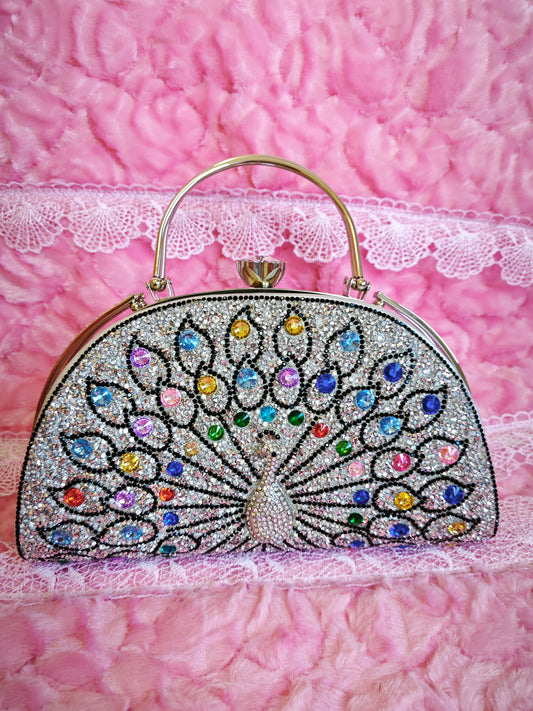 Multi-Colored Crystal Peacock-Pattern Evening Handbag