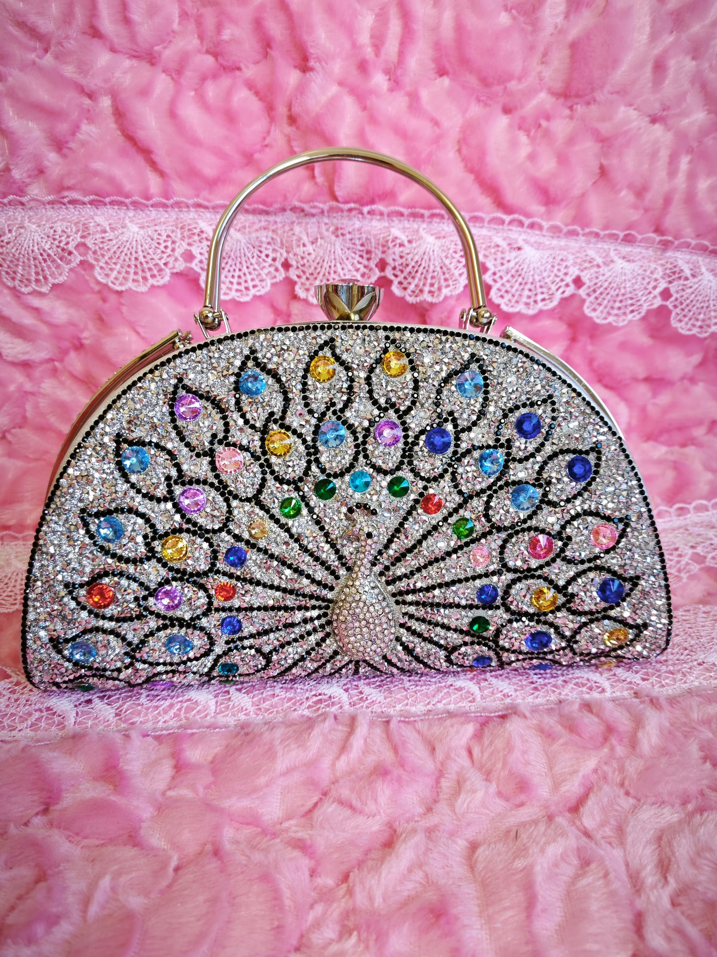 Multi-Colored Crystal Peacock-Pattern Evening Handbag