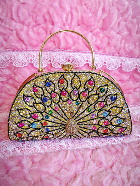 Gold-Base Multi-Colored Crystal Peacock-Pattern Evening Handbag