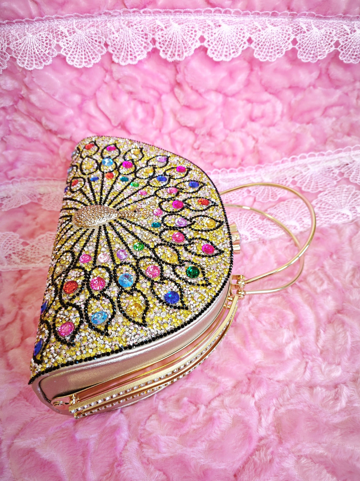 Gold-Base Multi-Colored Crystal Peacock-Pattern Evening Handbag