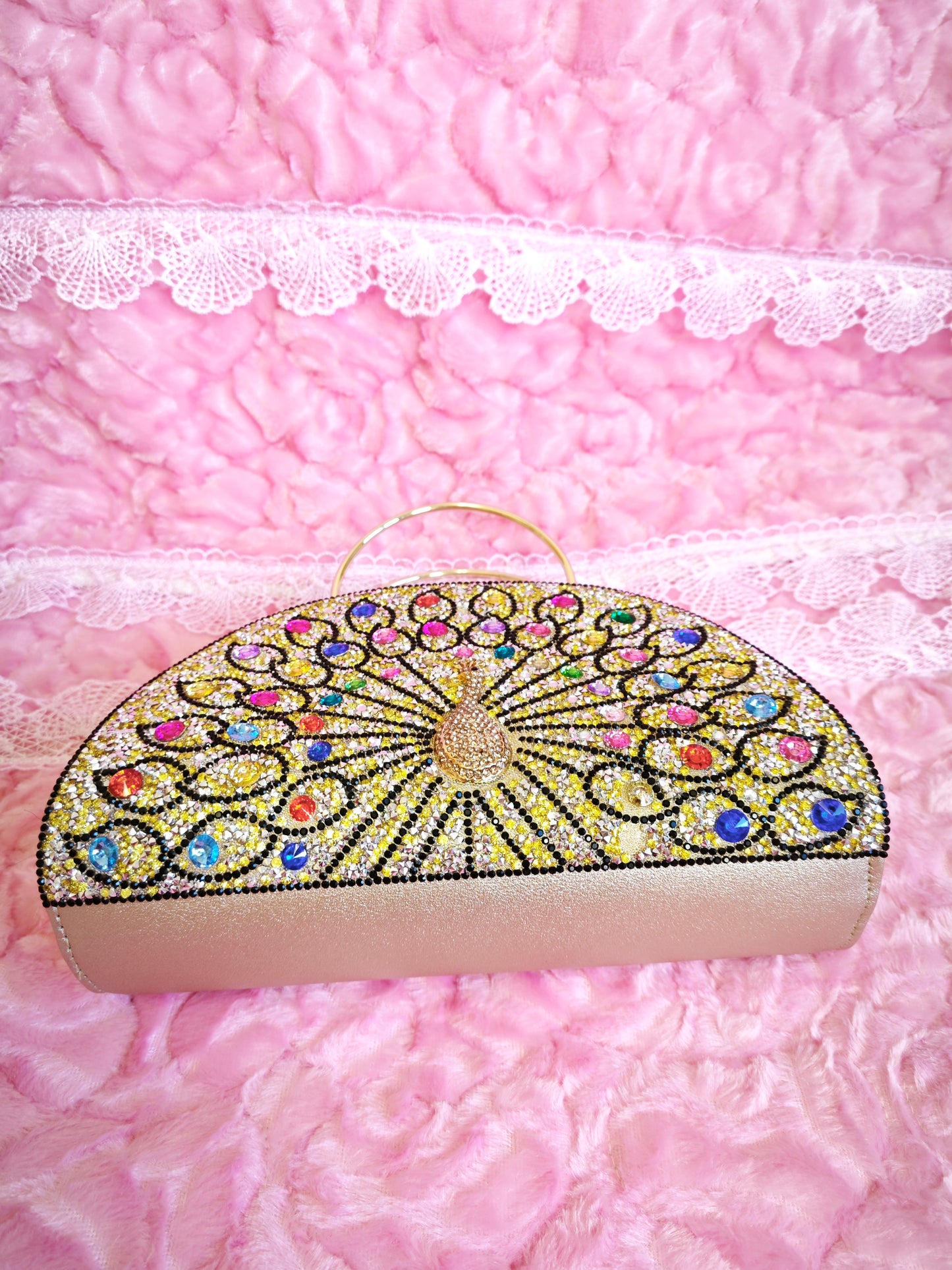 Gold-Base Multi-Colored Crystal Peacock-Pattern Evening Handbag