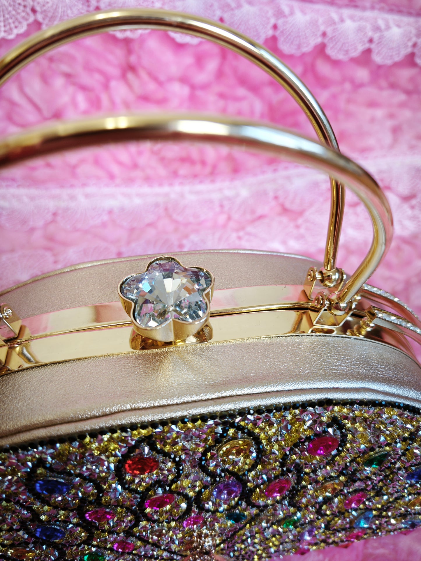 Gold-Base Multi-Colored Crystal Peacock-Pattern Evening Handbag