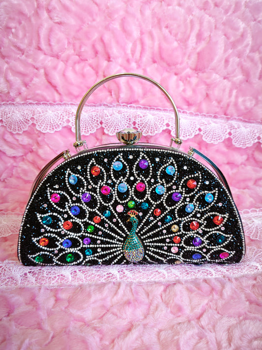 Black-Base Multi-Colored Crystal Peacock-Pattern Evening Handbag