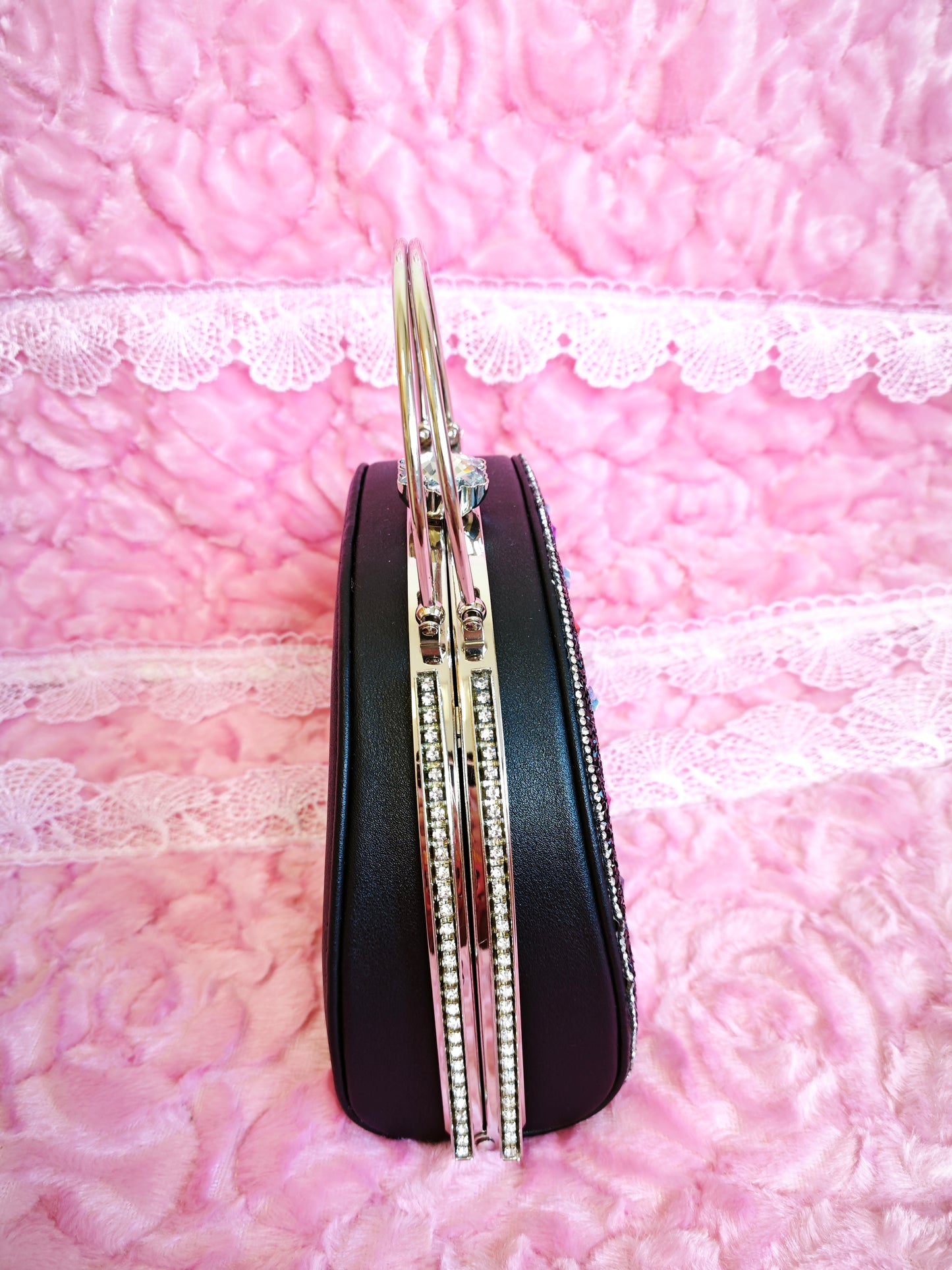 Black-Base Multi-Colored Crystal Peacock-Pattern Evening Handbag