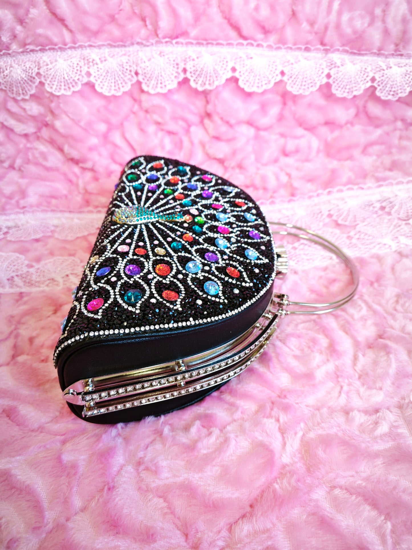 Black-Base Multi-Colored Crystal Peacock-Pattern Evening Handbag