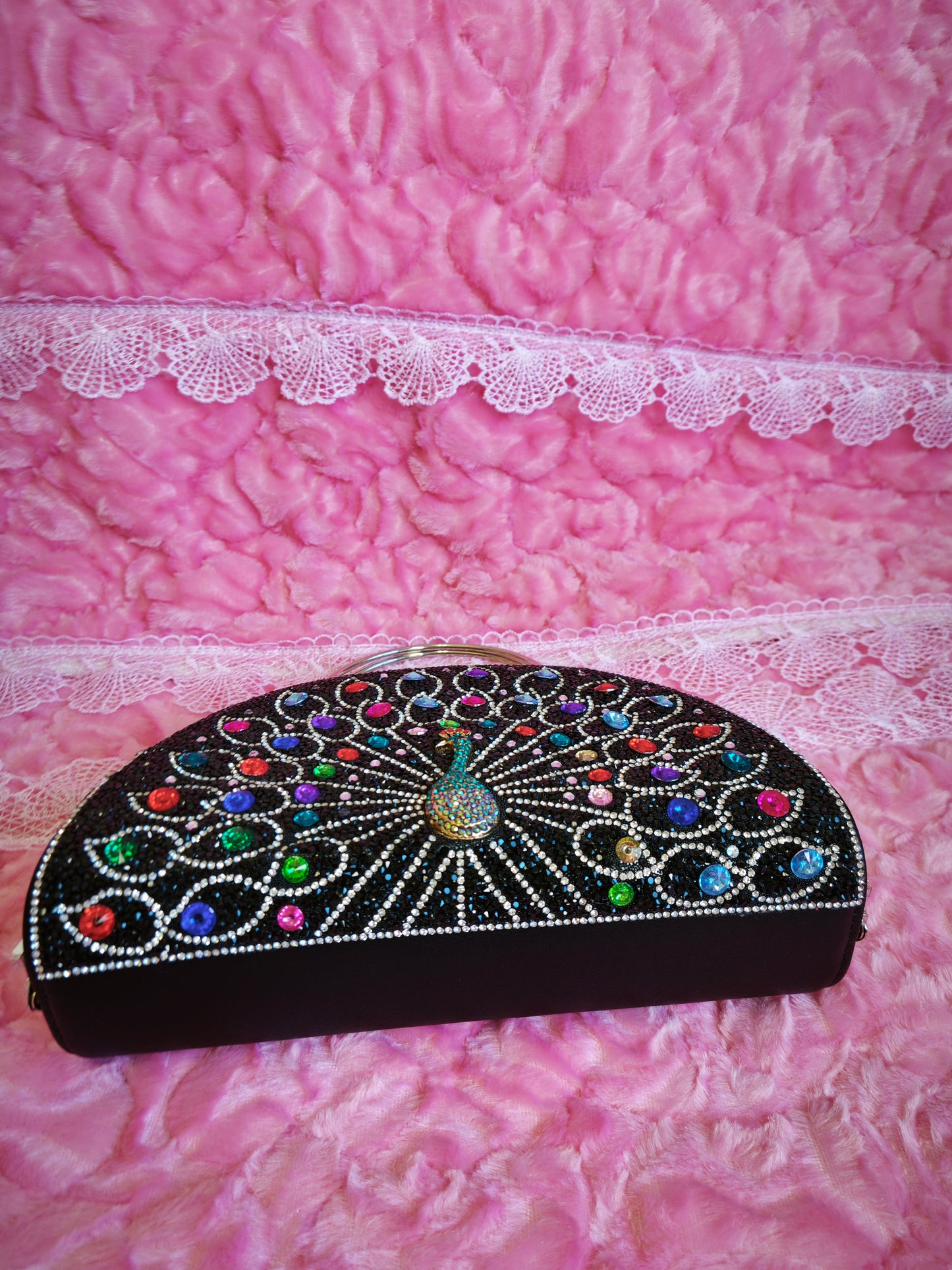 Black-Base Multi-Colored Crystal Peacock-Pattern Evening Handbag