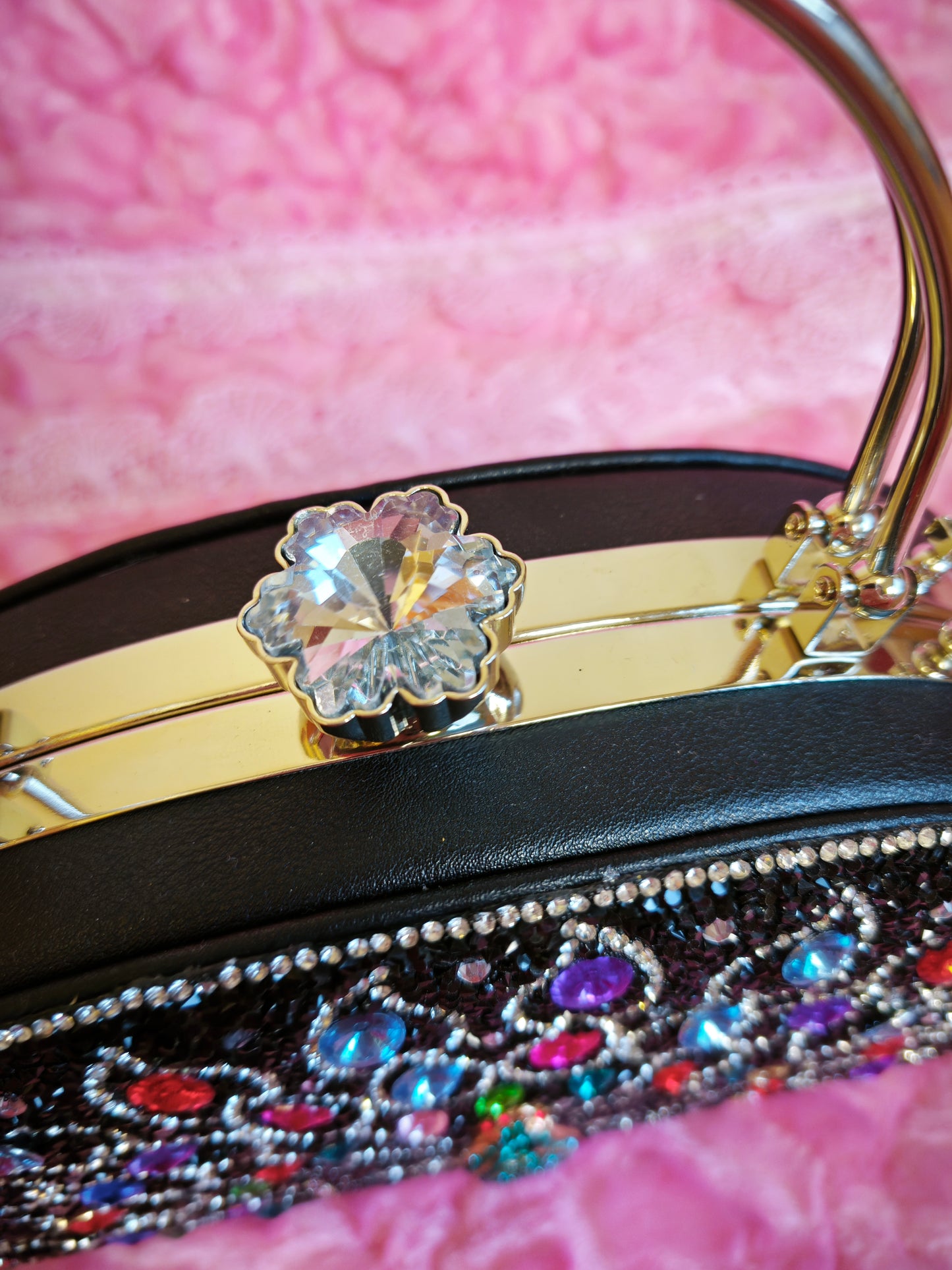 Black-Base Multi-Colored Crystal Peacock-Pattern Evening Handbag