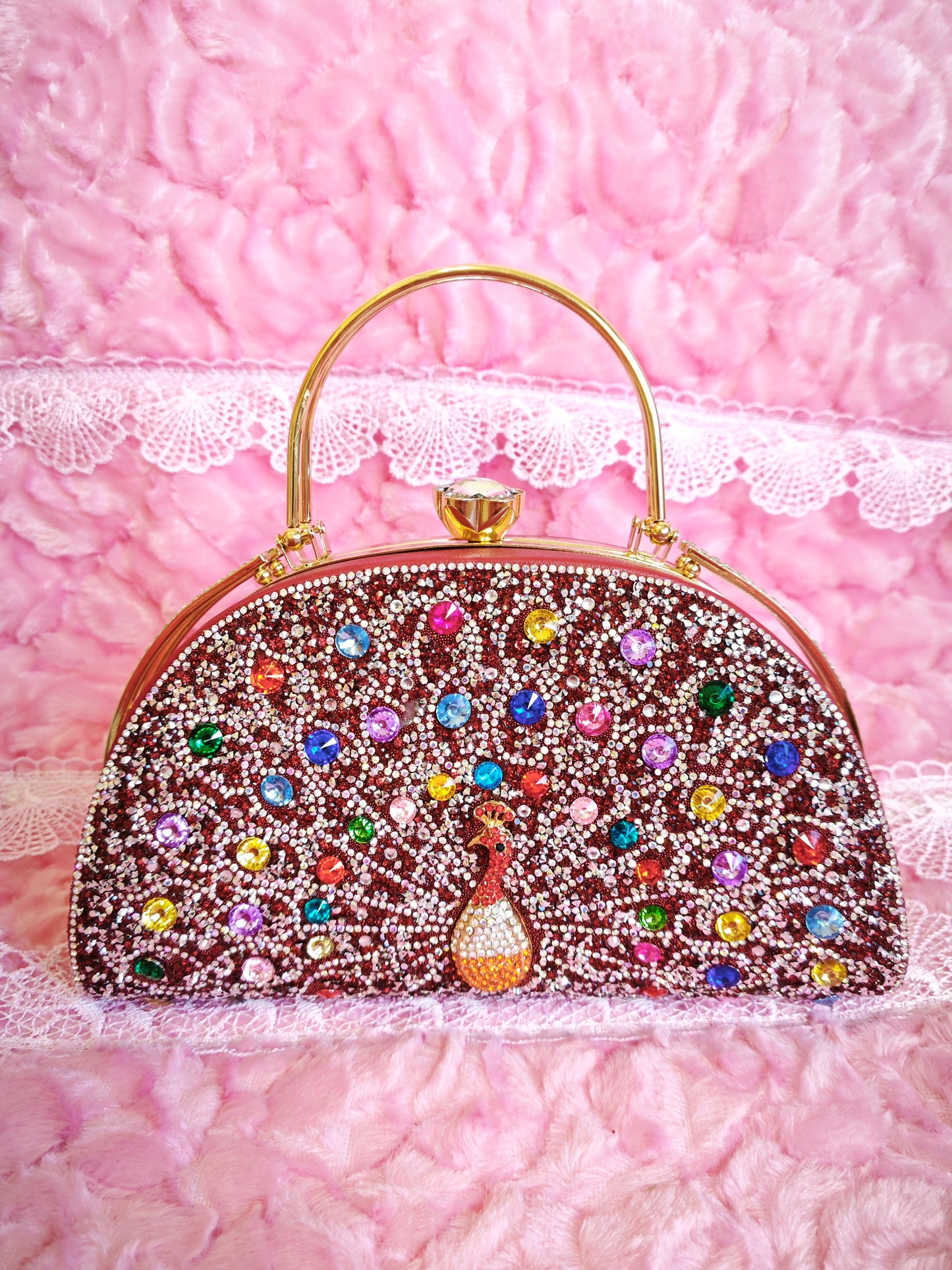 Burgundy-Base Multi-Colored Crystal Peacock-Pattern Evening Handbag