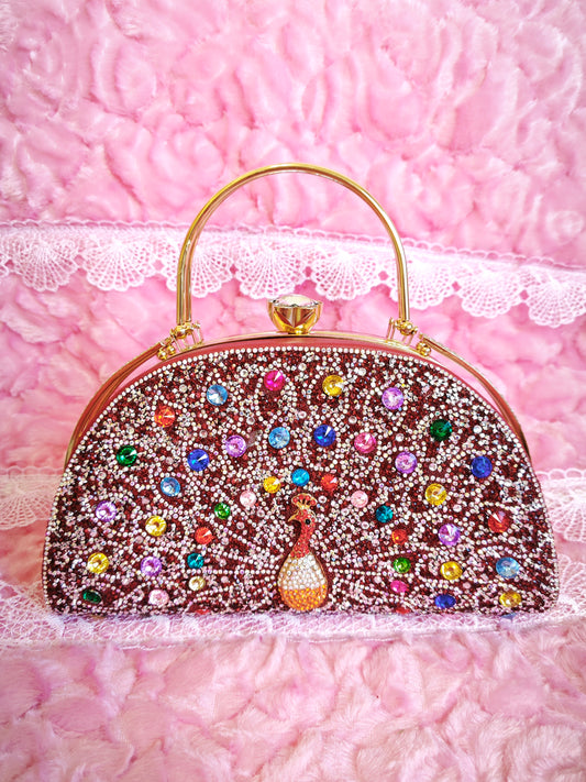 Burgundy-Base Multi-Colored Crystal Peacock-Pattern Evening Handbag