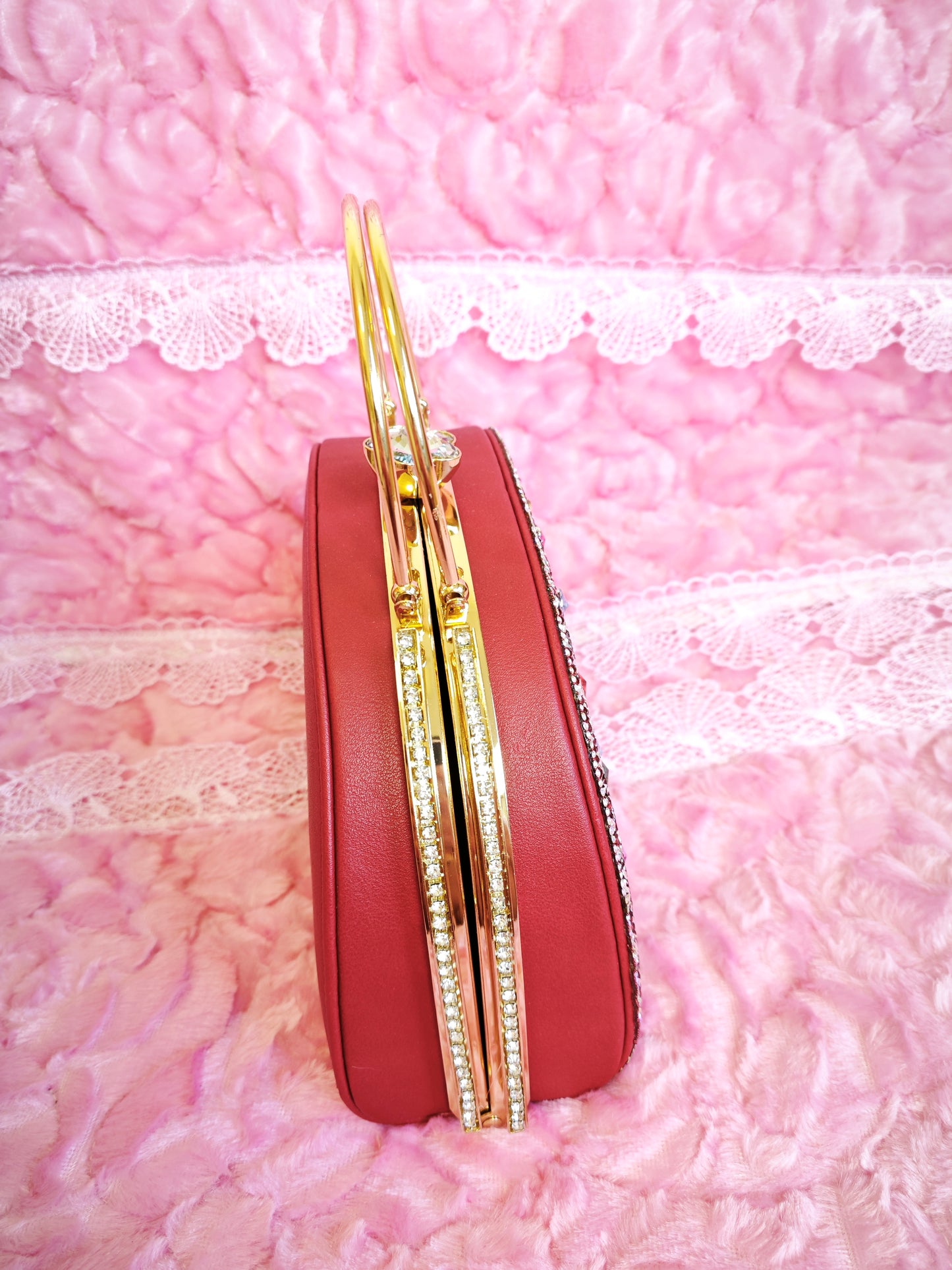 Burgundy-Base Multi-Colored Crystal Peacock-Pattern Evening Handbag