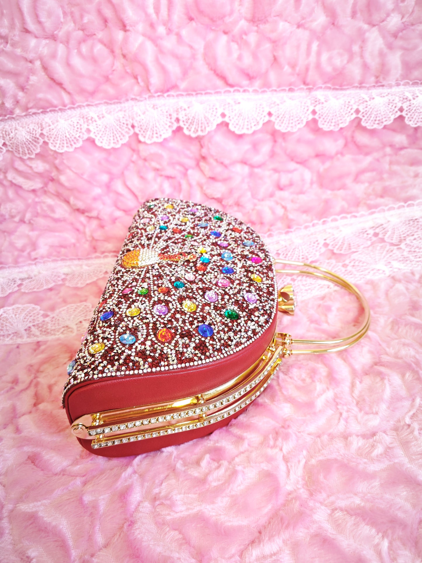 Burgundy-Base Multi-Colored Crystal Peacock-Pattern Evening Handbag