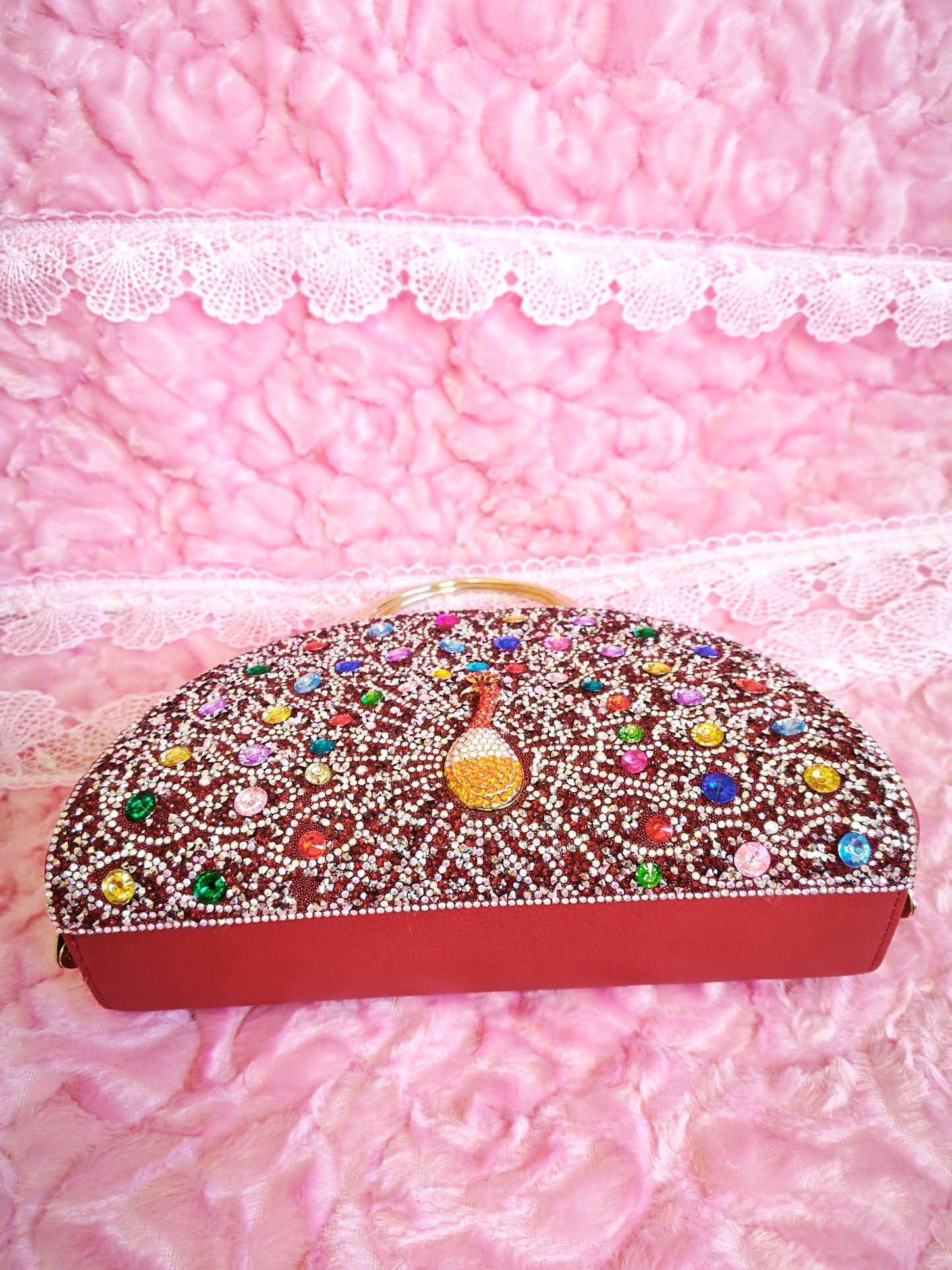 Burgundy-Base Multi-Colored Crystal Peacock-Pattern Evening Handbag