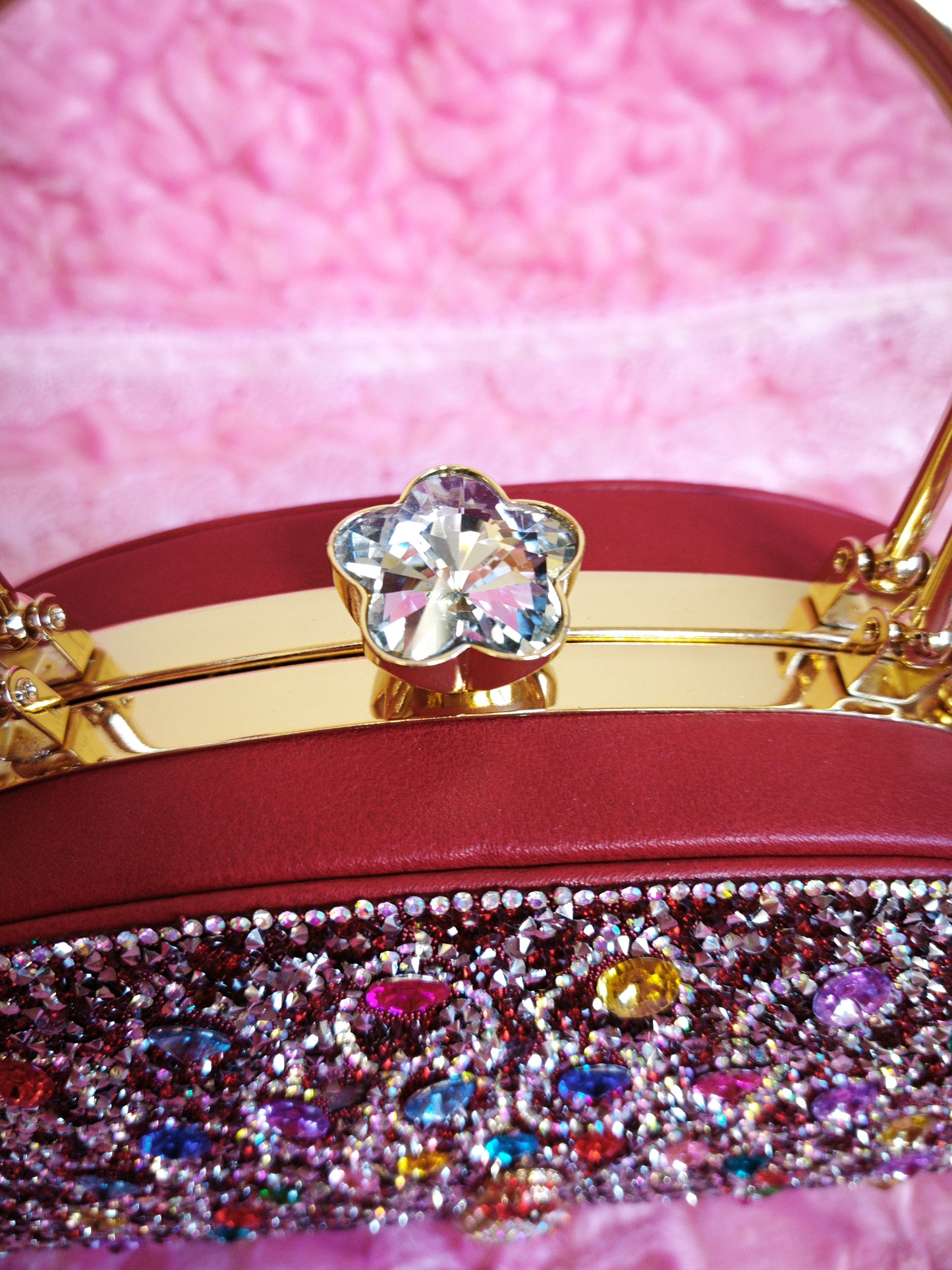 Burgundy-Base Multi-Colored Crystal Peacock-Pattern Evening Handbag