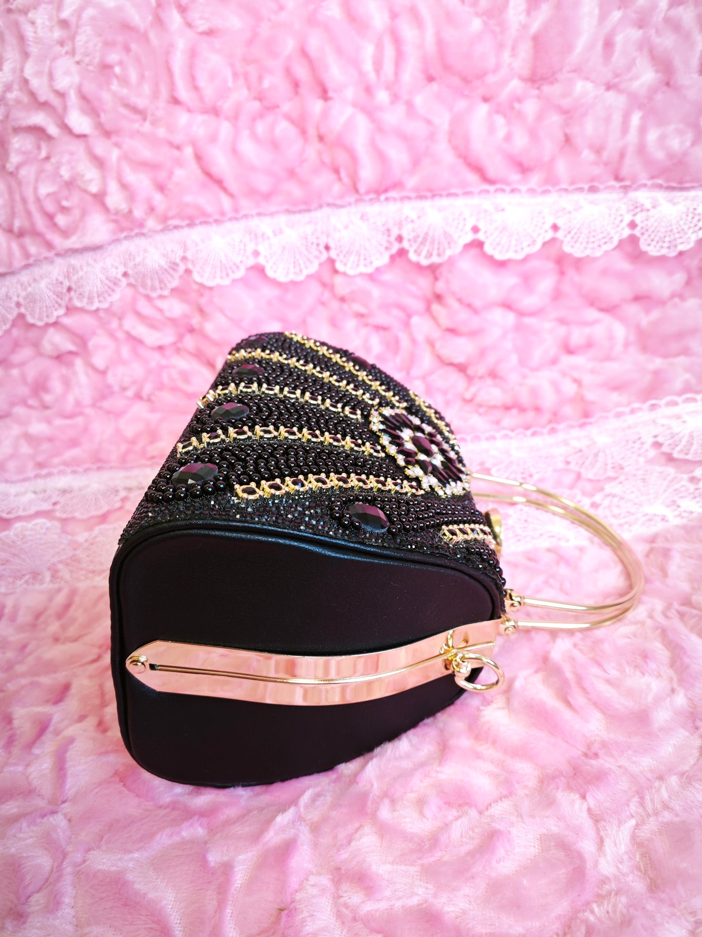 Black & Gold Crystal-Embellished Evening Handbag