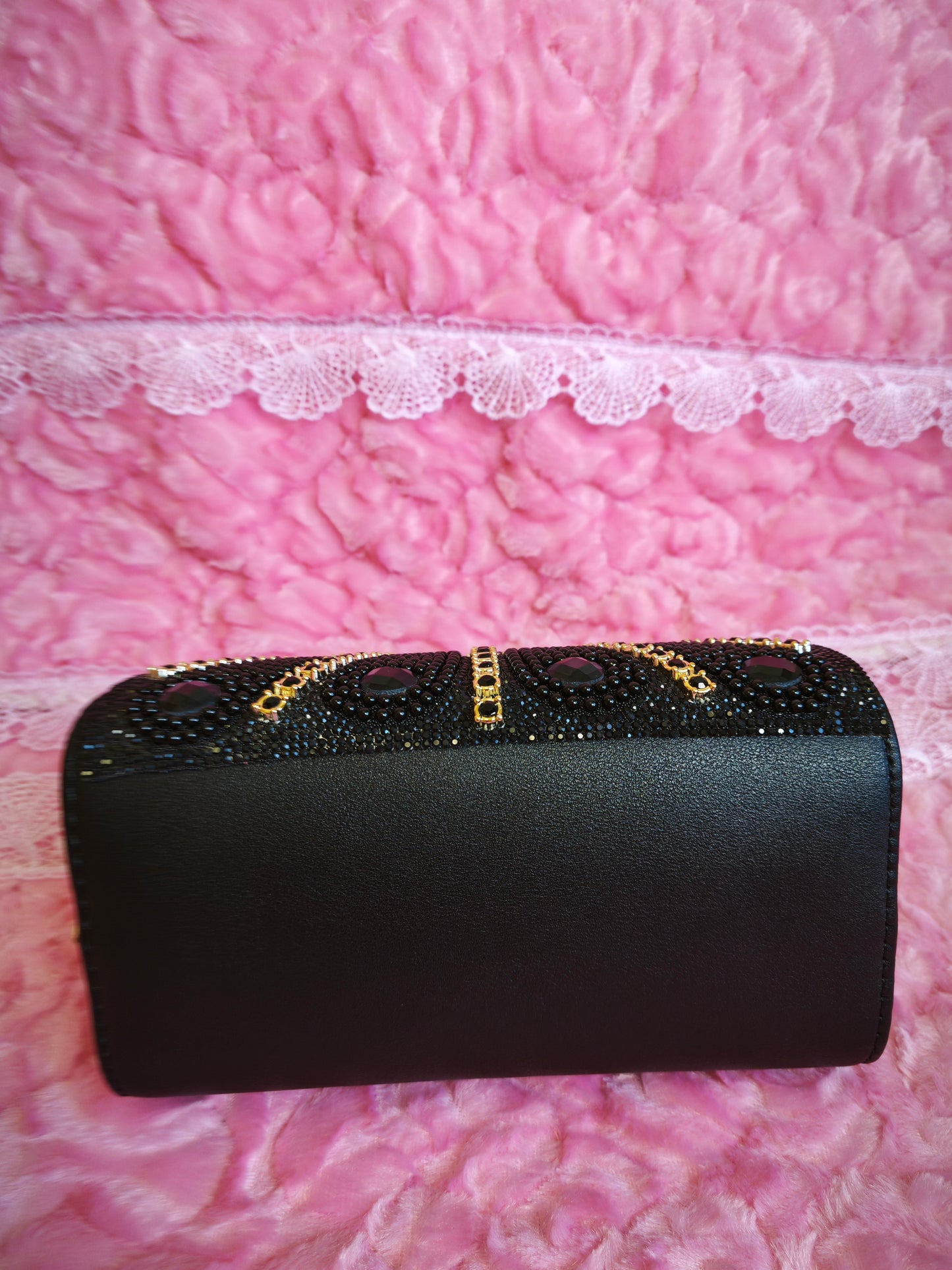 Black & Gold Crystal-Embellished Evening Handbag