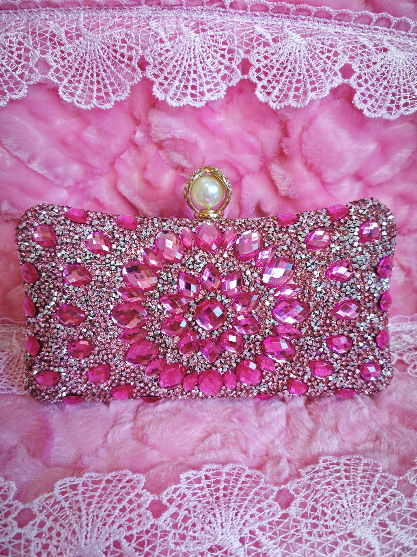 Pink Crystal & Pearl-Clasp Evening Clutch