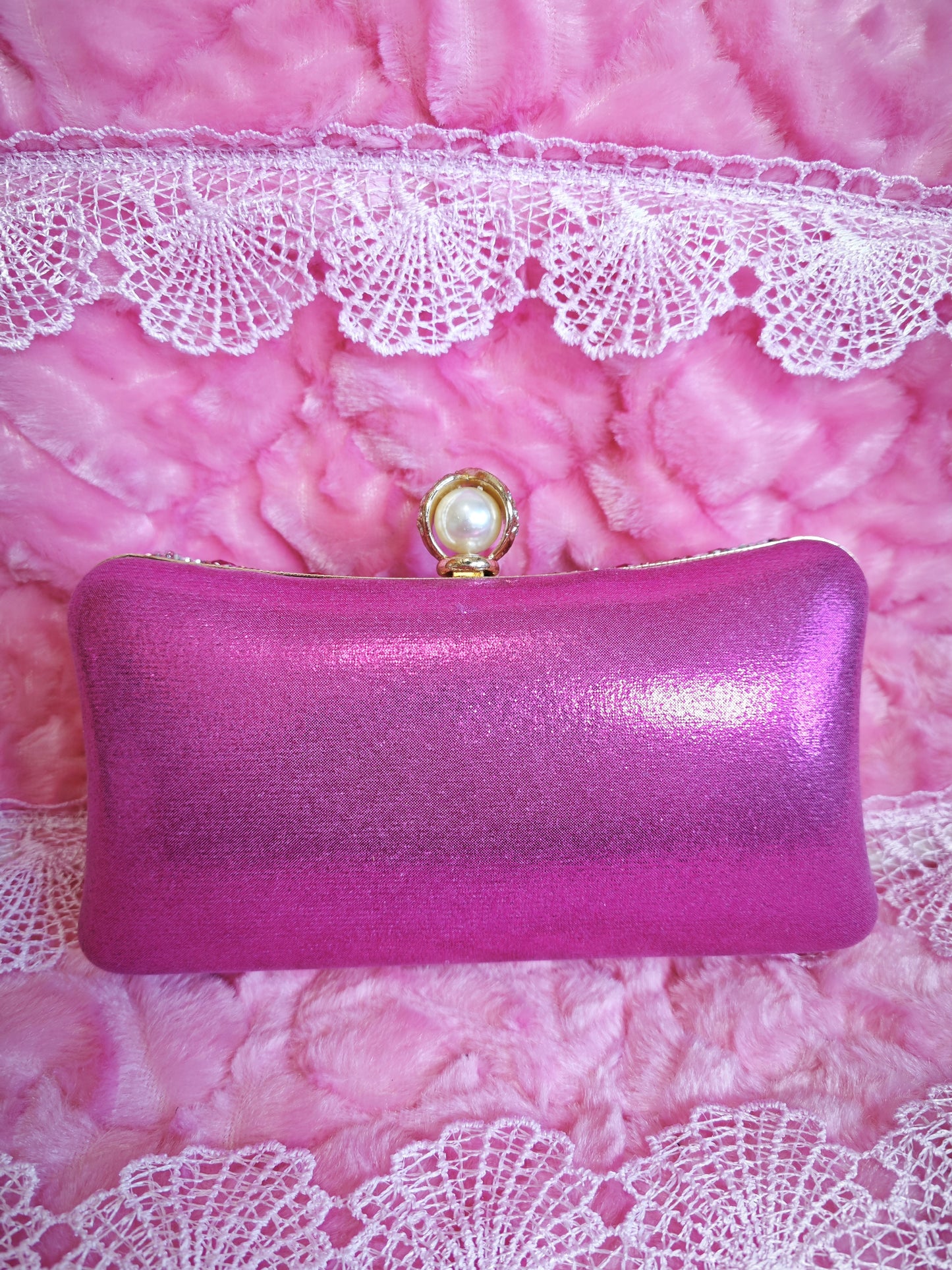 Pink Crystal & Pearl-Clasp Evening Clutch