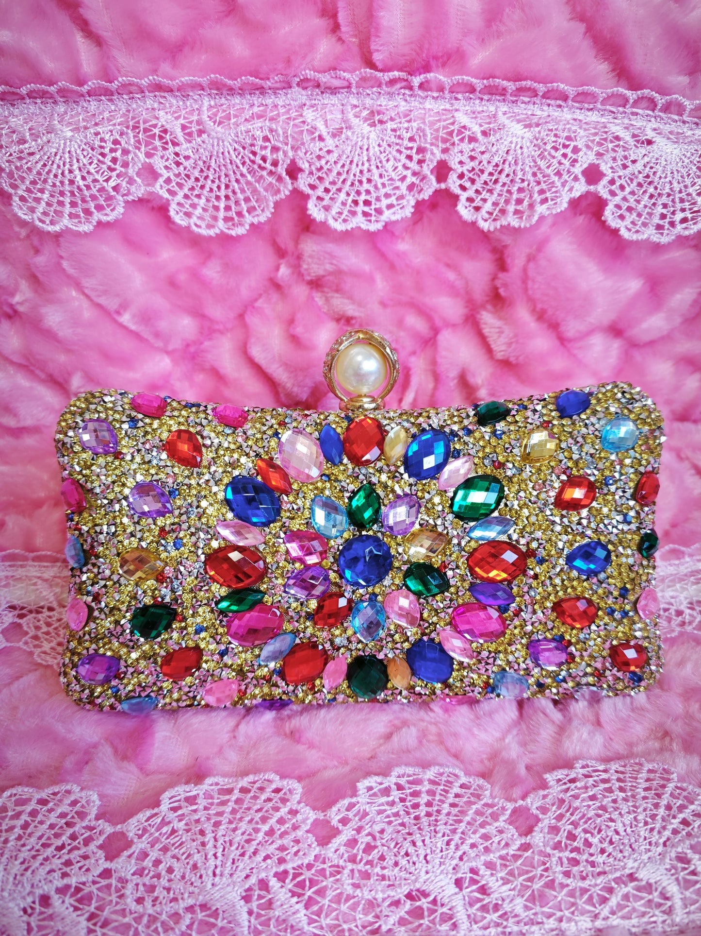 Gold-Base Multi-Colored Crystal & Pearl-Clasp Evening Clutch