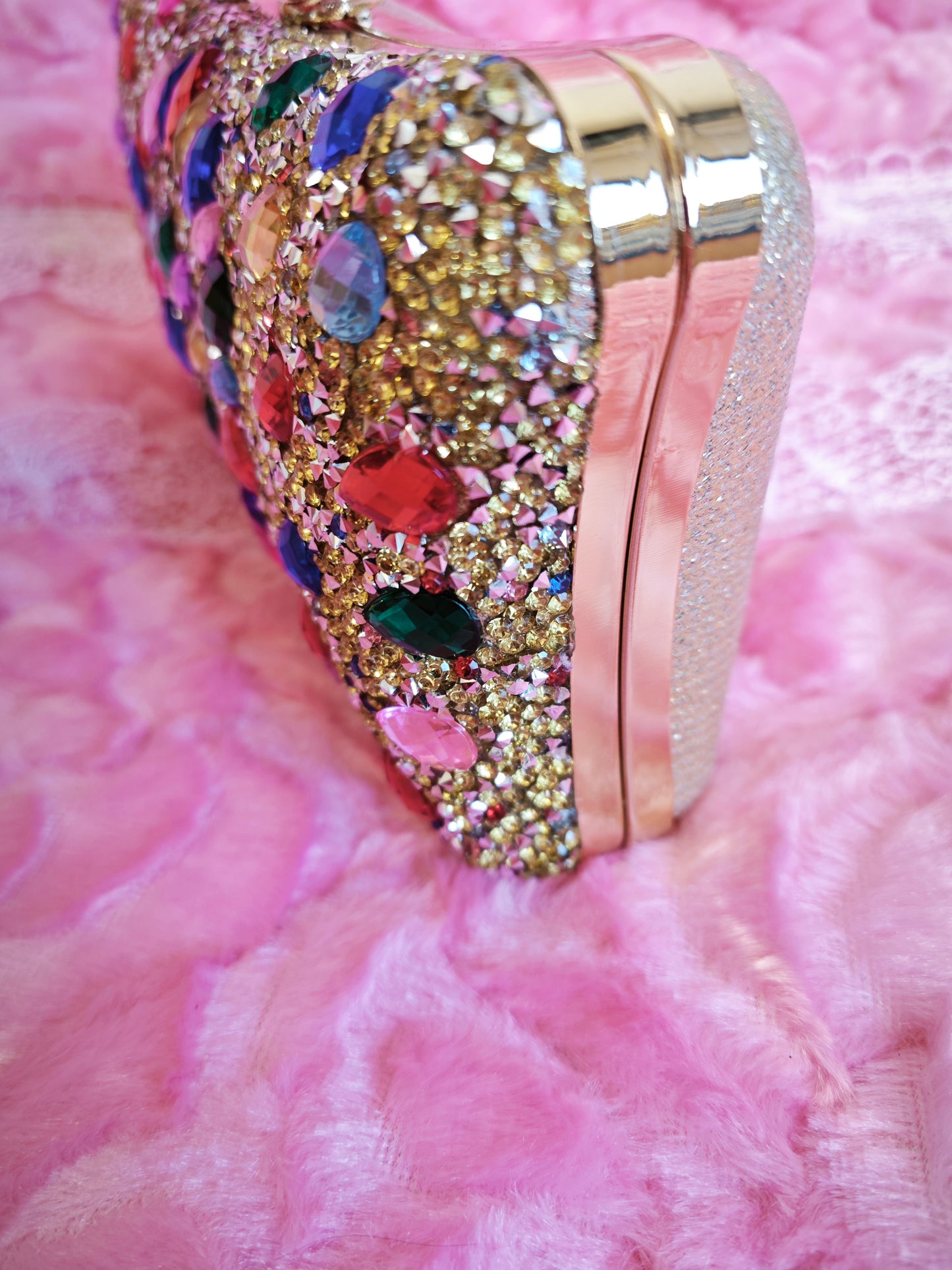 Gold-Base Multi-Colored Crystal & Pearl-Clasp Evening Clutch