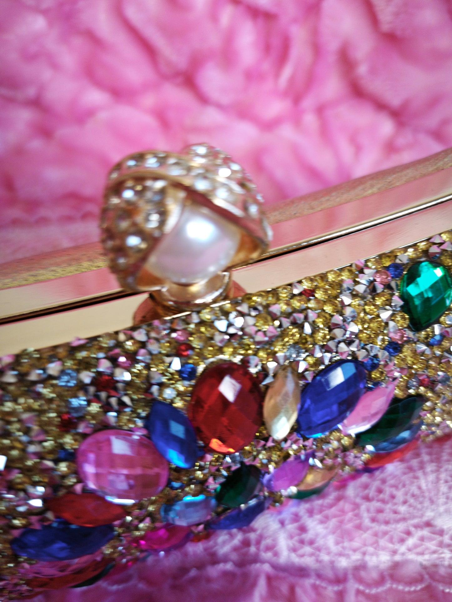 Gold-Base Multi-Colored Crystal & Pearl-Clasp Evening Clutch