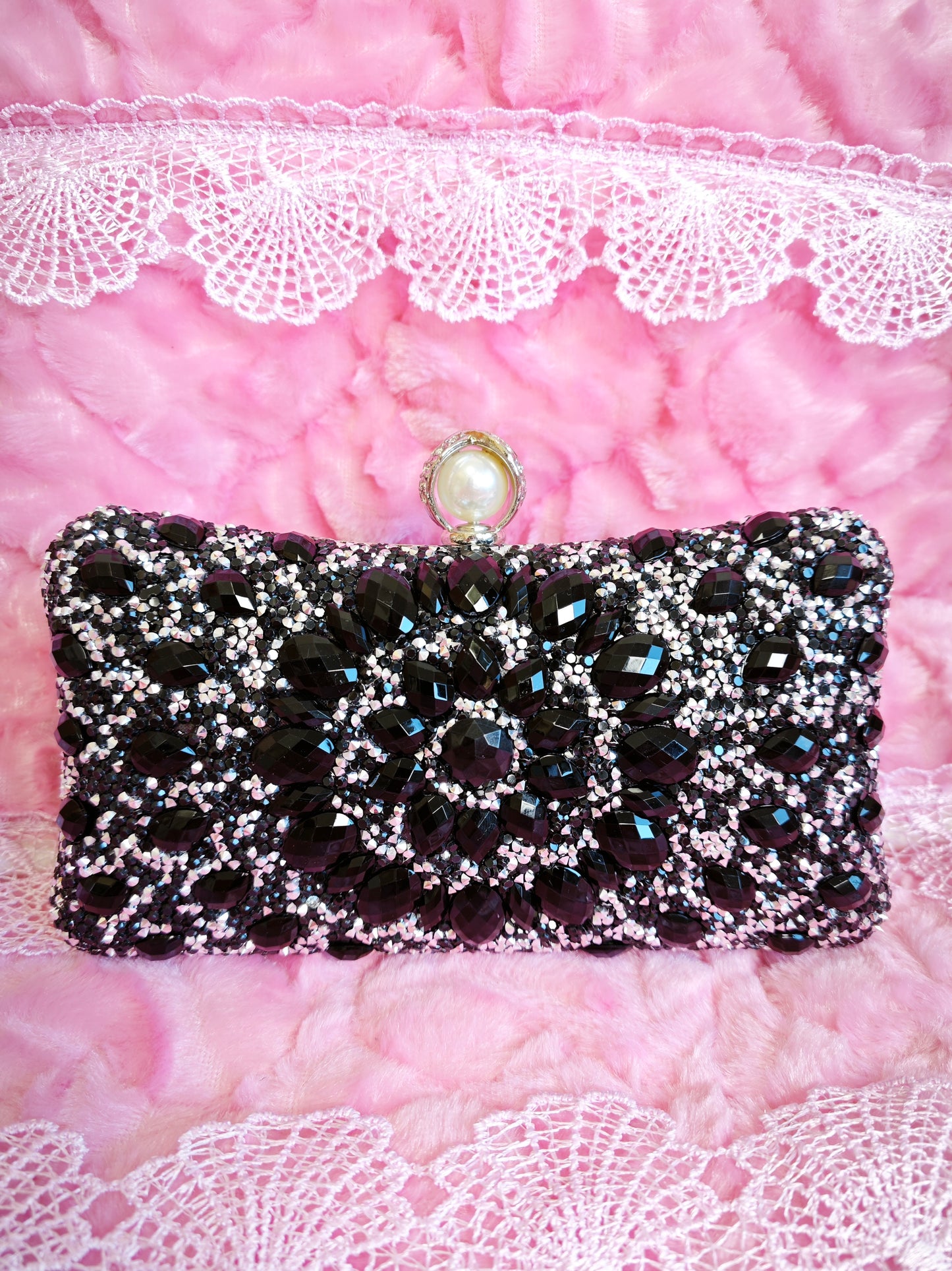 Black Crystal & Pearl-Clasp Evening Clutch