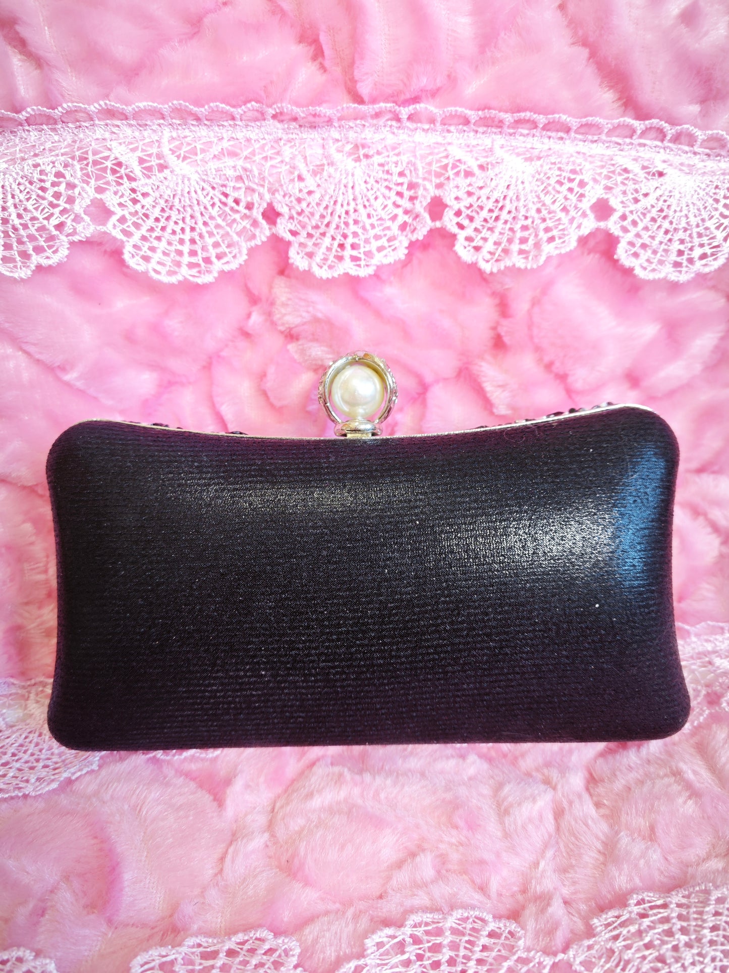 Black Crystal & Pearl-Clasp Evening Clutch