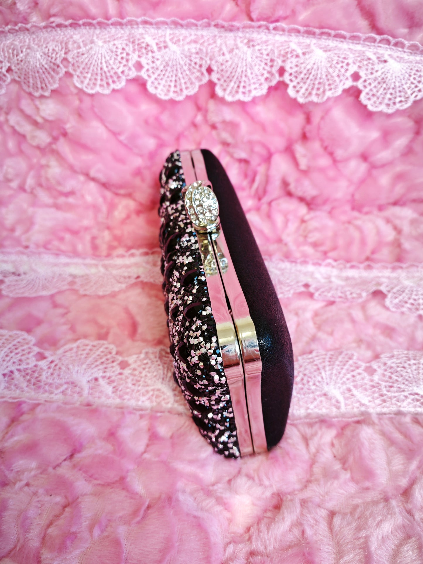 Black Crystal & Pearl-Clasp Evening Clutch