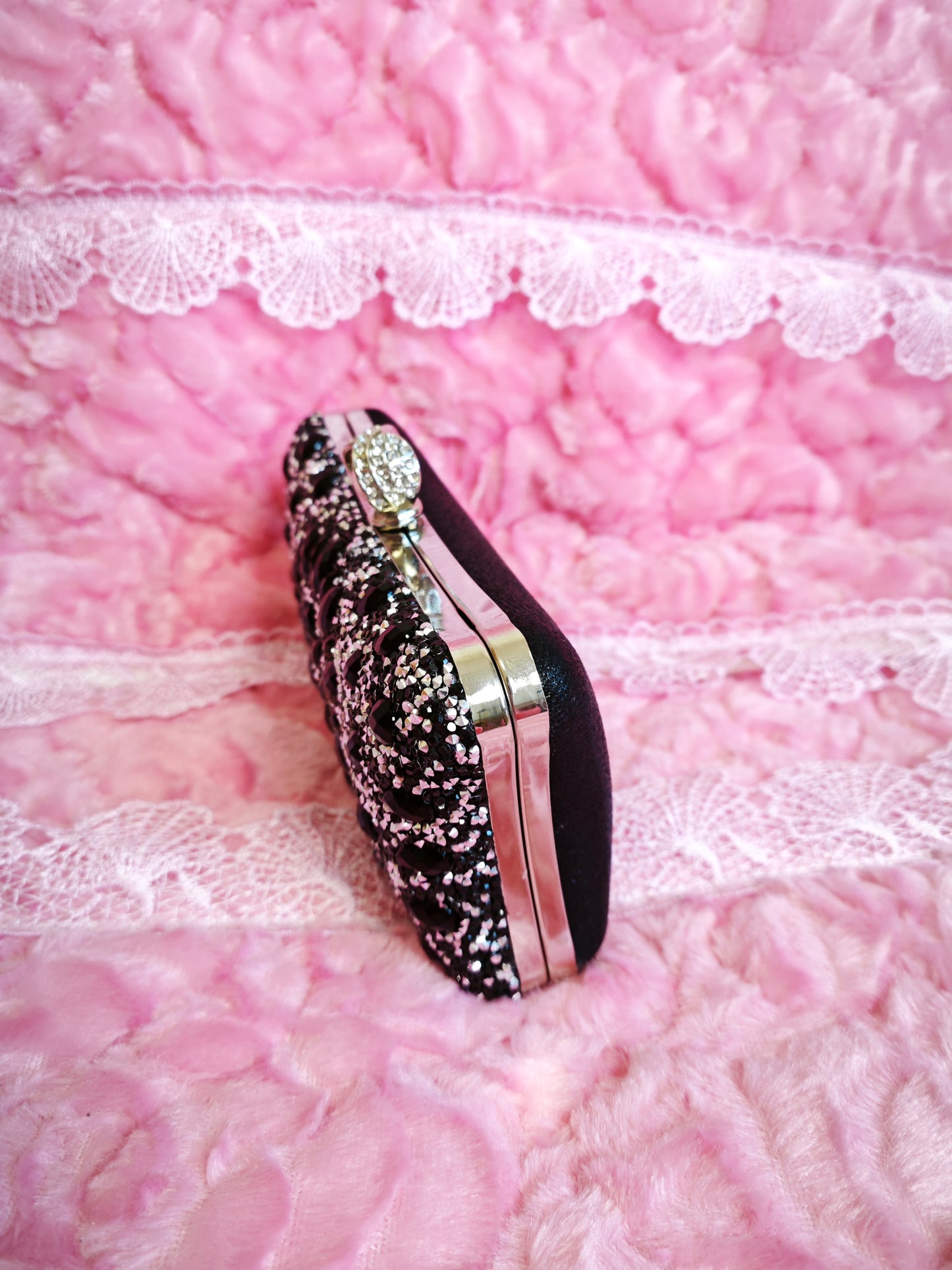 Black Crystal & Pearl-Clasp Evening Clutch