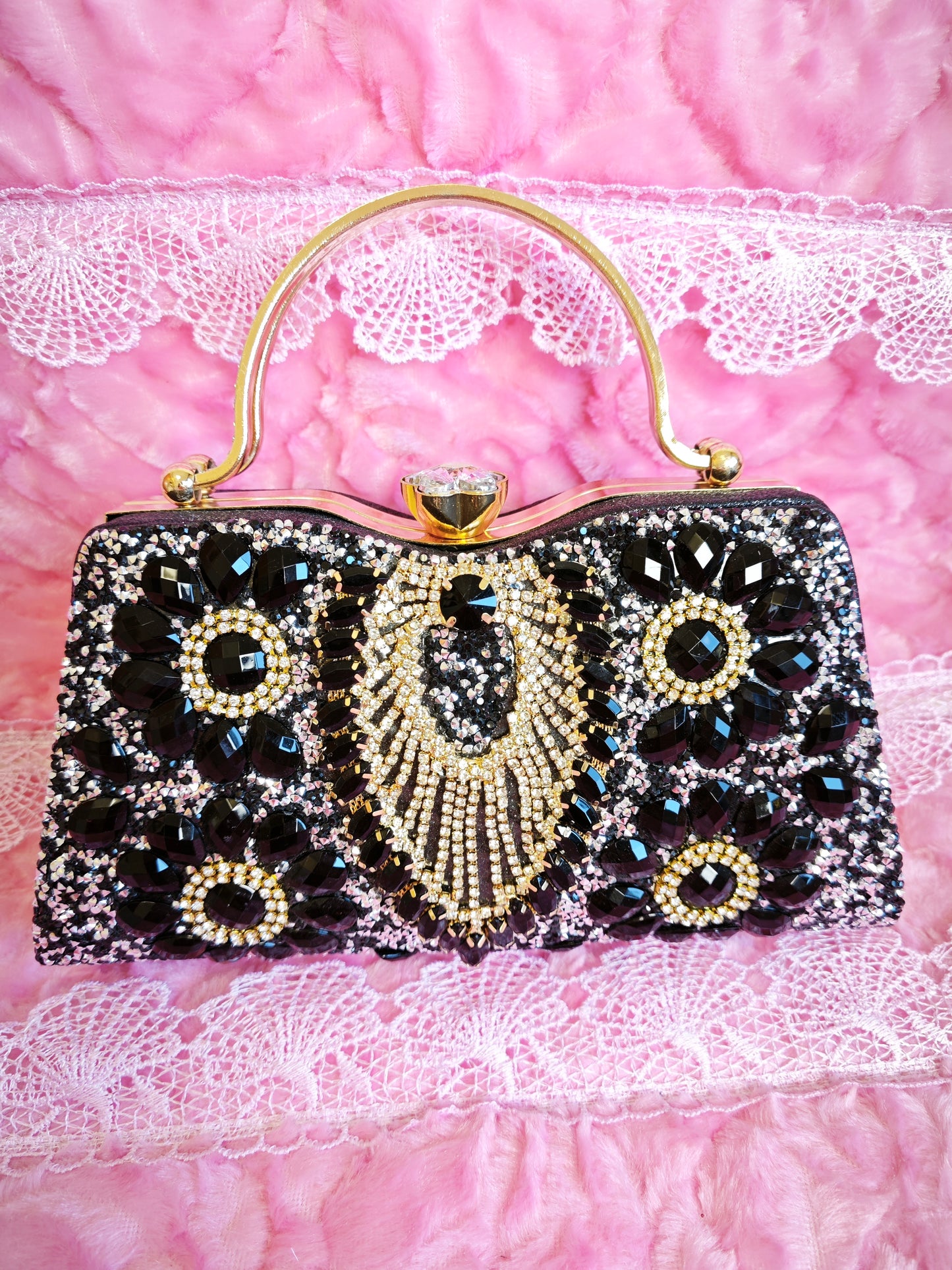Black & Gold Crystal Fan-Pattern Evening Handbag