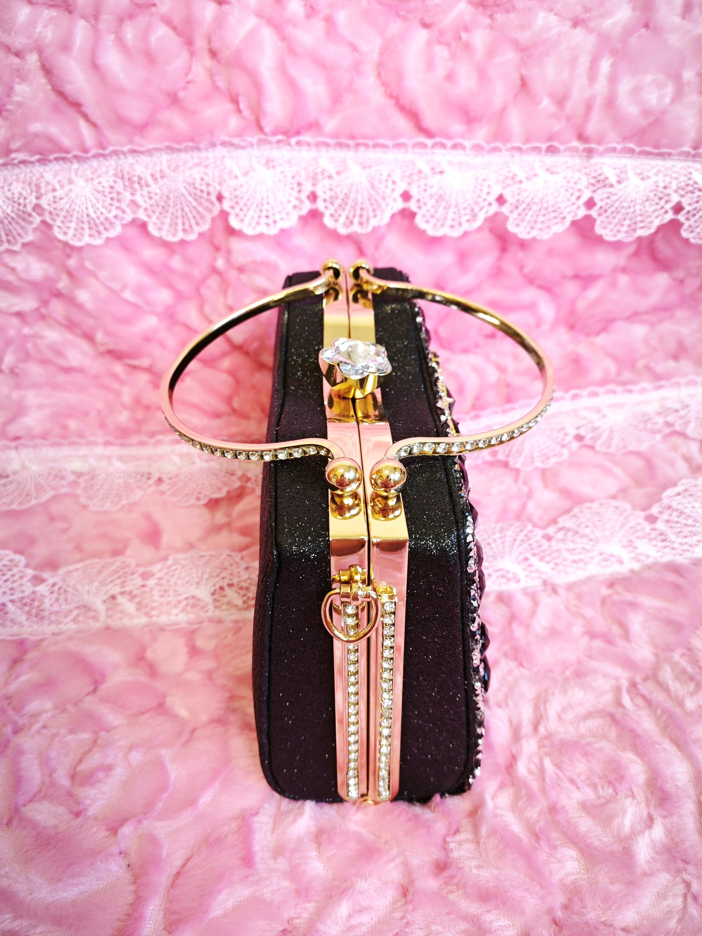 Black & Gold Crystal Fan-Pattern Evening Handbag