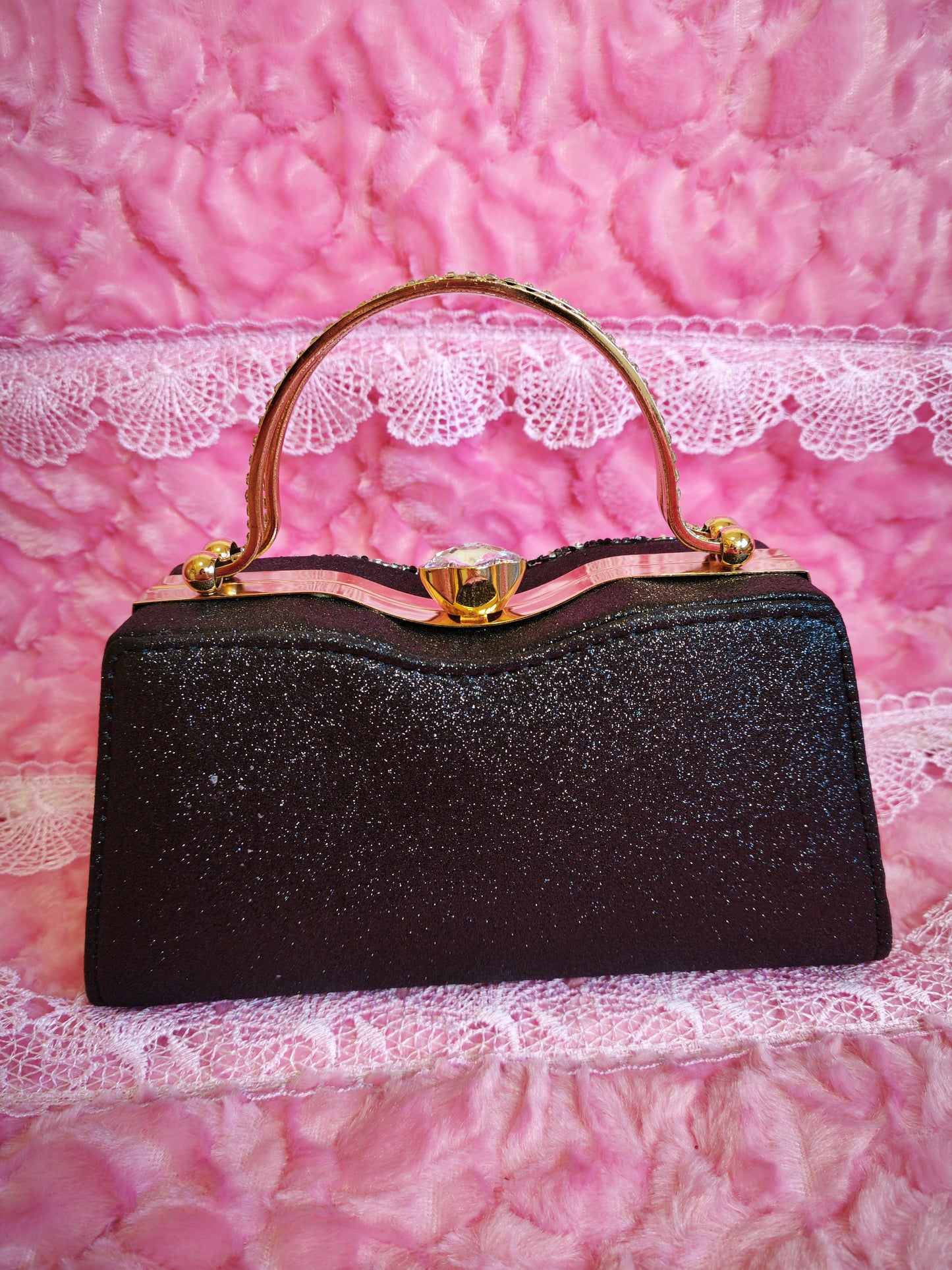 Black & Gold Crystal Fan-Pattern Evening Handbag