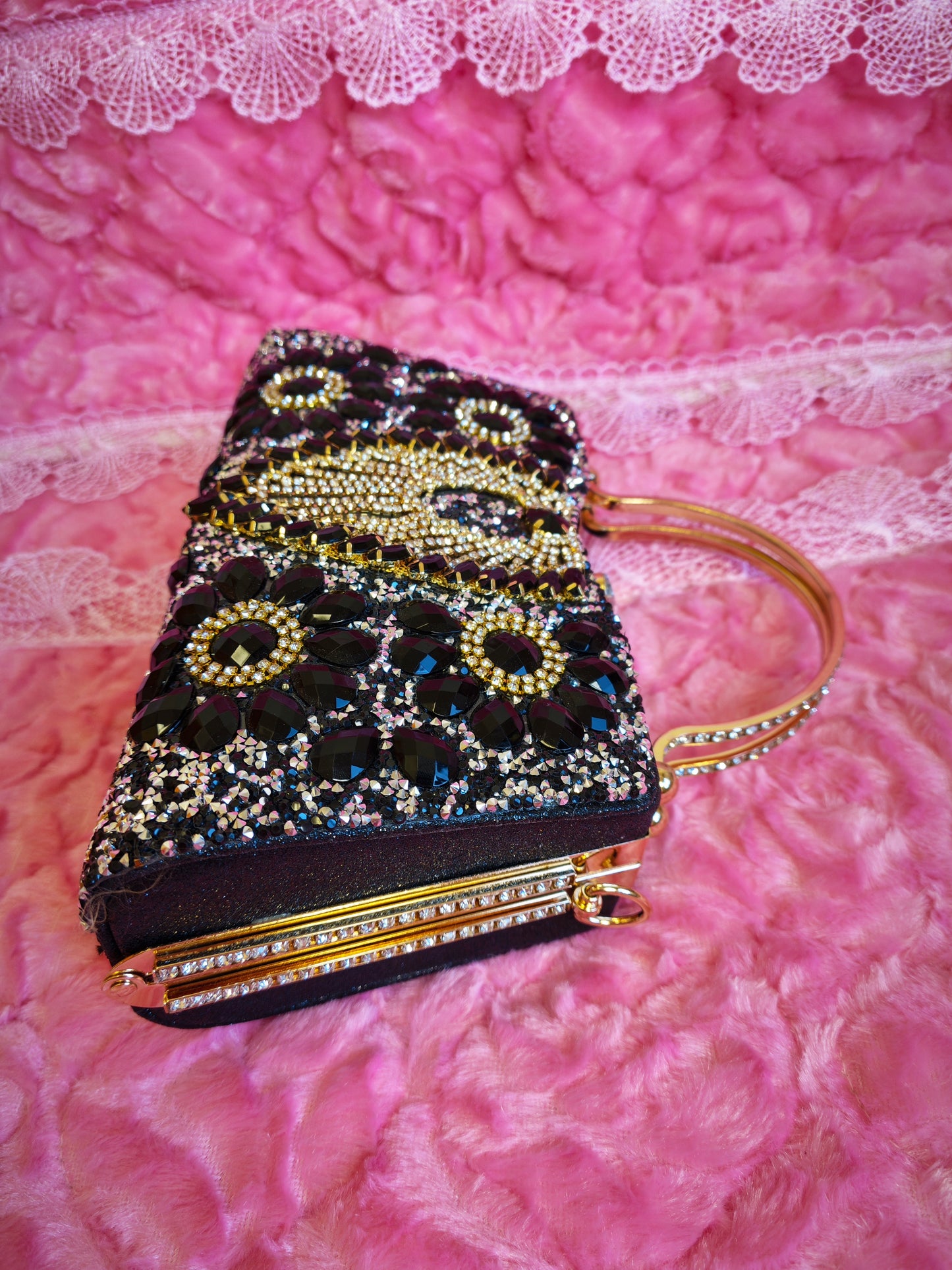 Black & Gold Crystal Fan-Pattern Evening Handbag