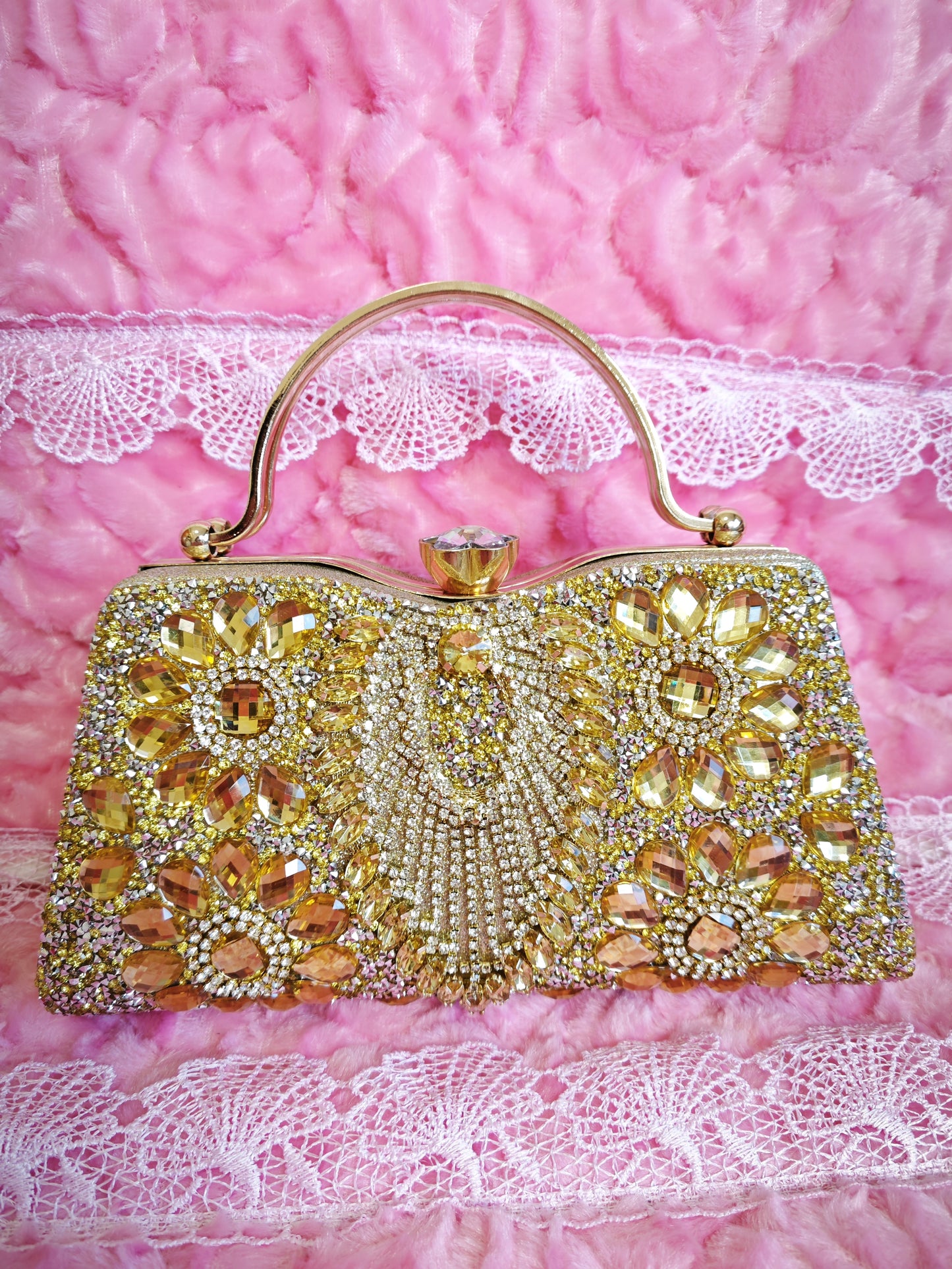 Gradient Gold Crystal Fan-Pattern Evening Handbag