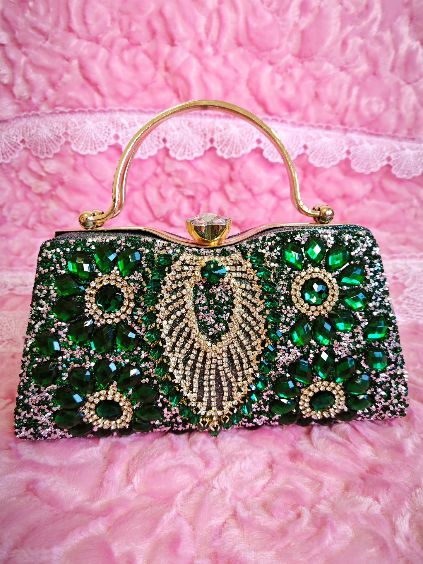 Emerald Green & Gold Crystal Fan-Pattern Evening Handbag
