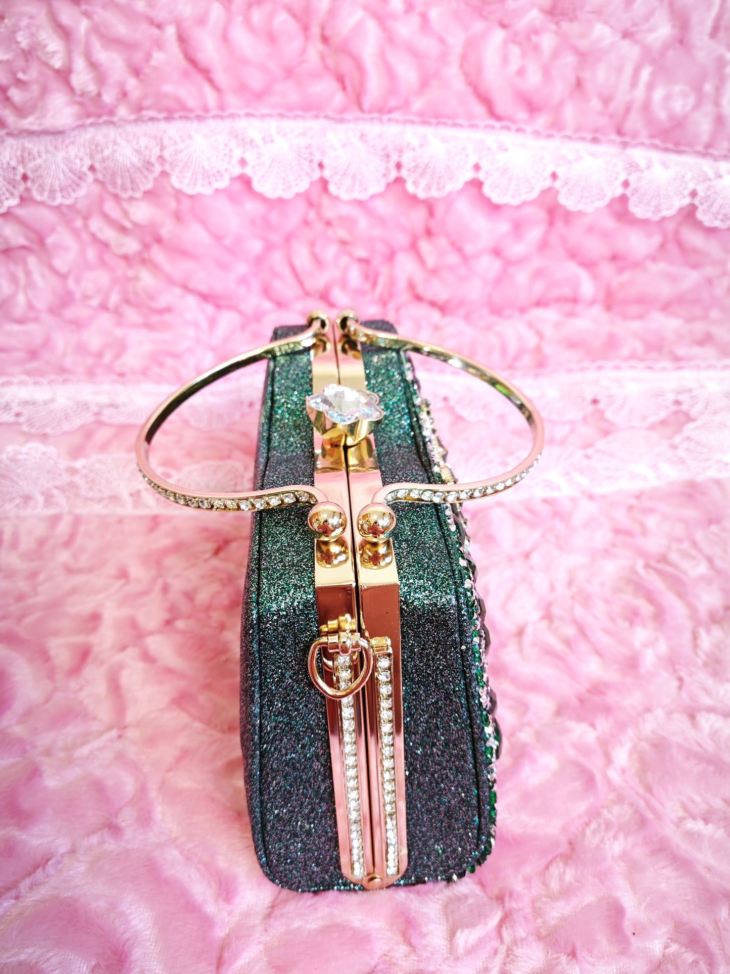 Emerald Green & Gold Crystal Fan-Pattern Evening Handbag