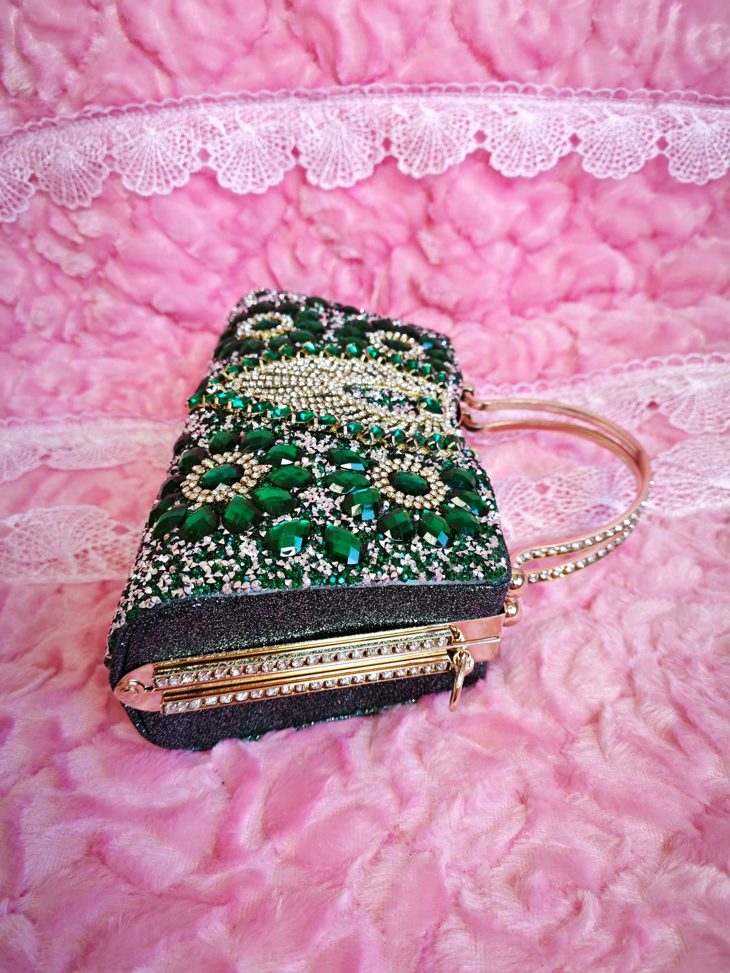 Emerald Green & Gold Crystal Fan-Pattern Evening Handbag