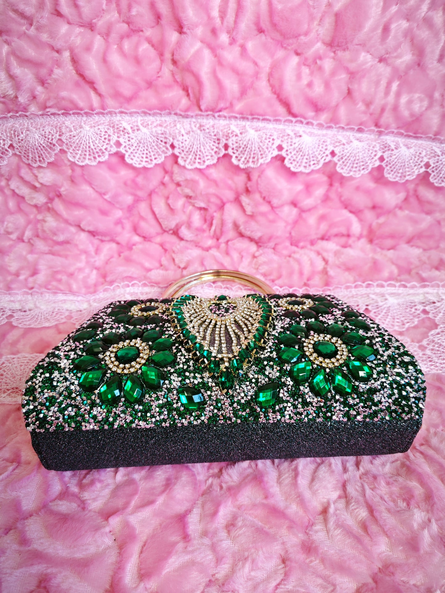 Emerald Green & Gold Crystal Fan-Pattern Evening Handbag
