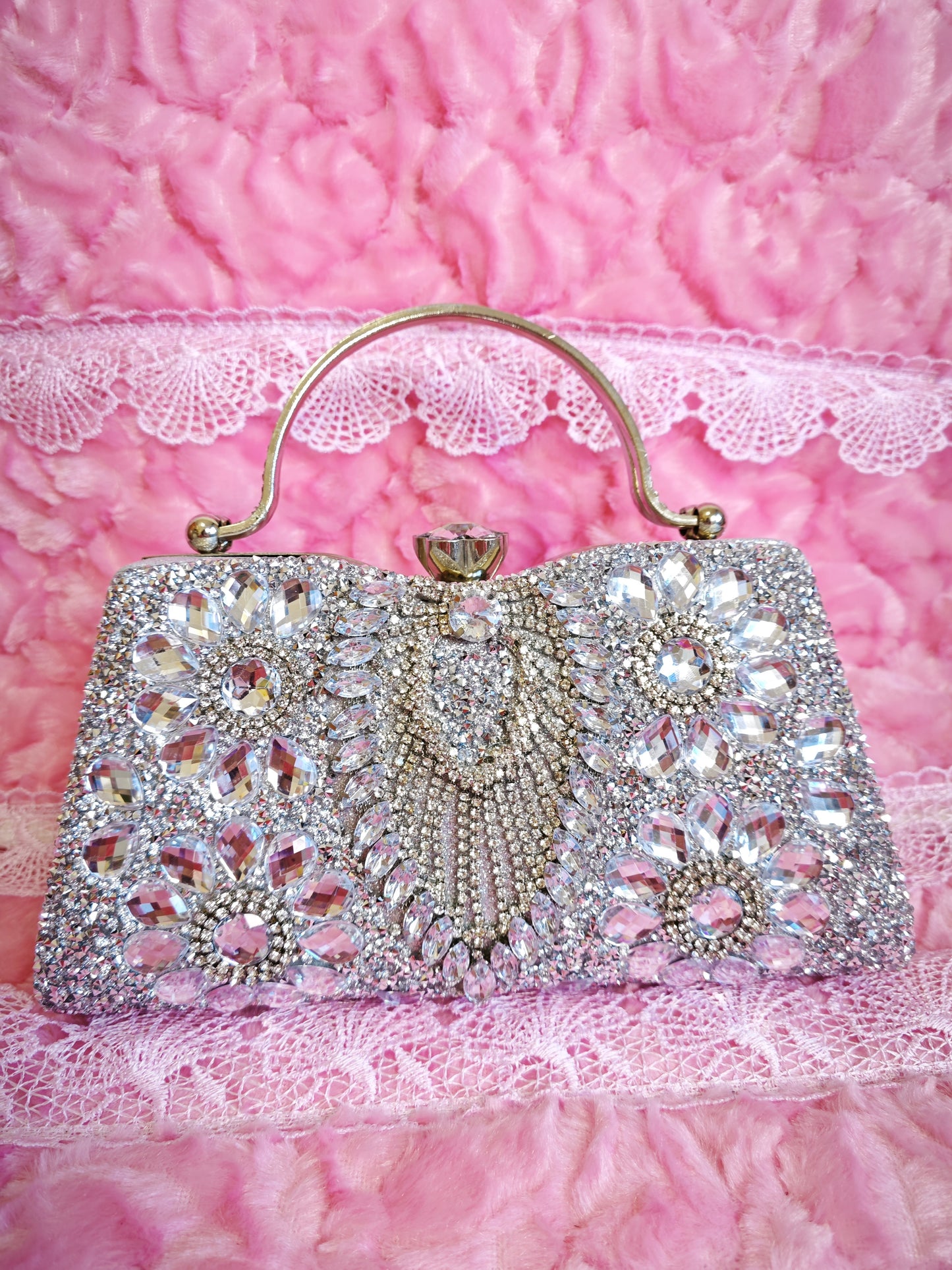 Gradient Silver Crystal Fan-Pattern Evening Handbag