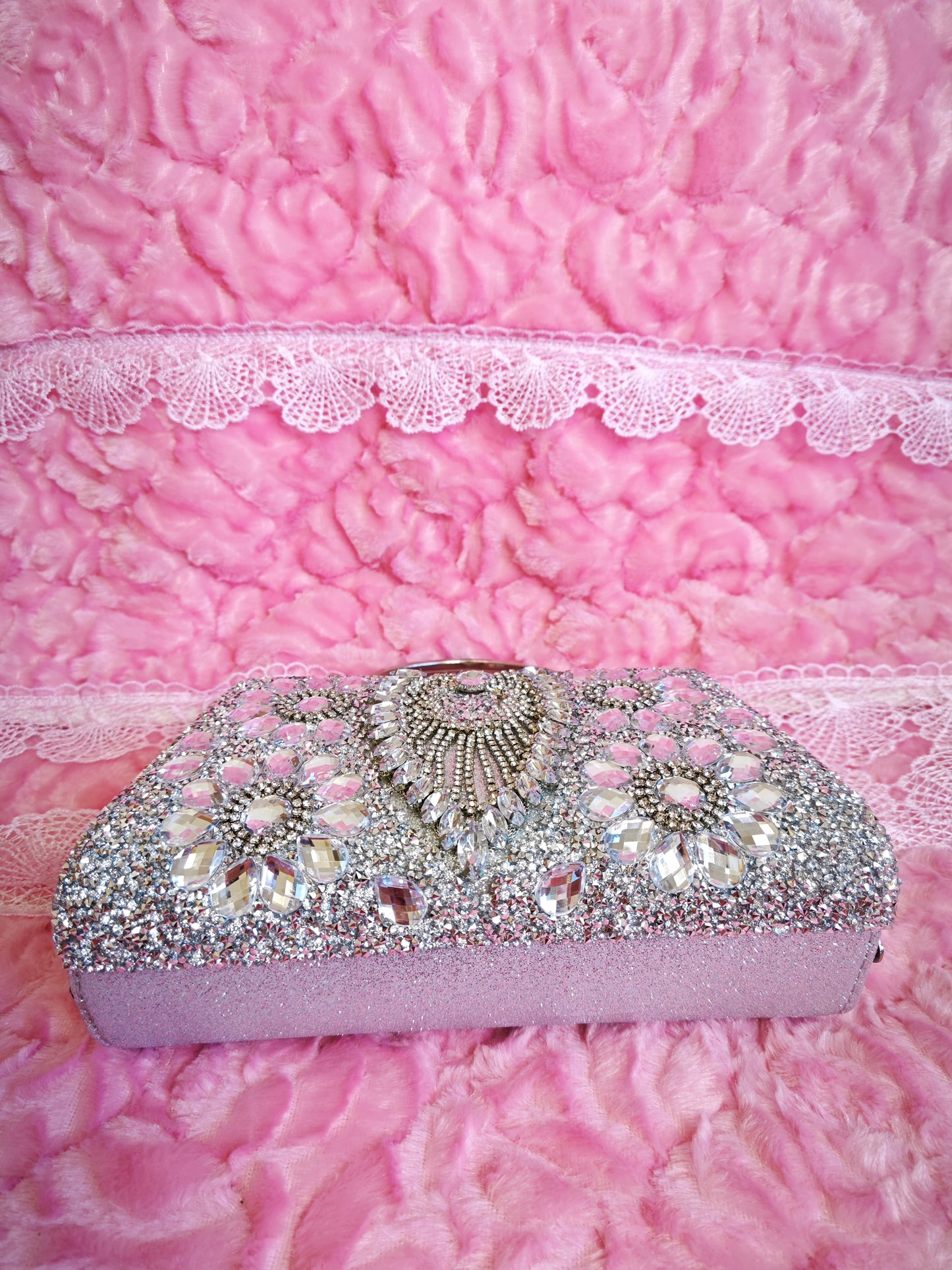 Gradient Silver Crystal Fan-Pattern Evening Handbag