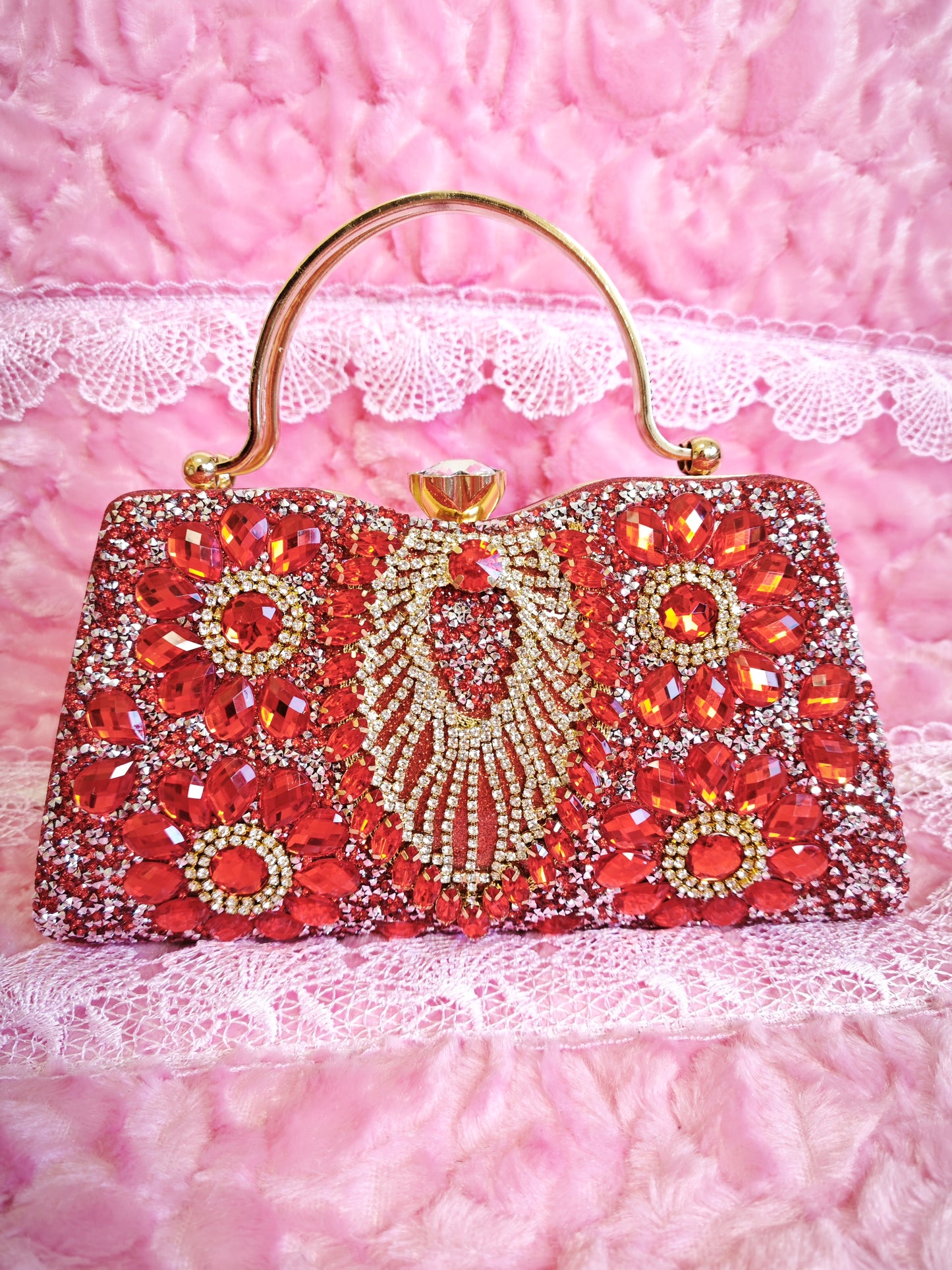 Red Crystal & Gold Fan-Pattern Evening Handbag